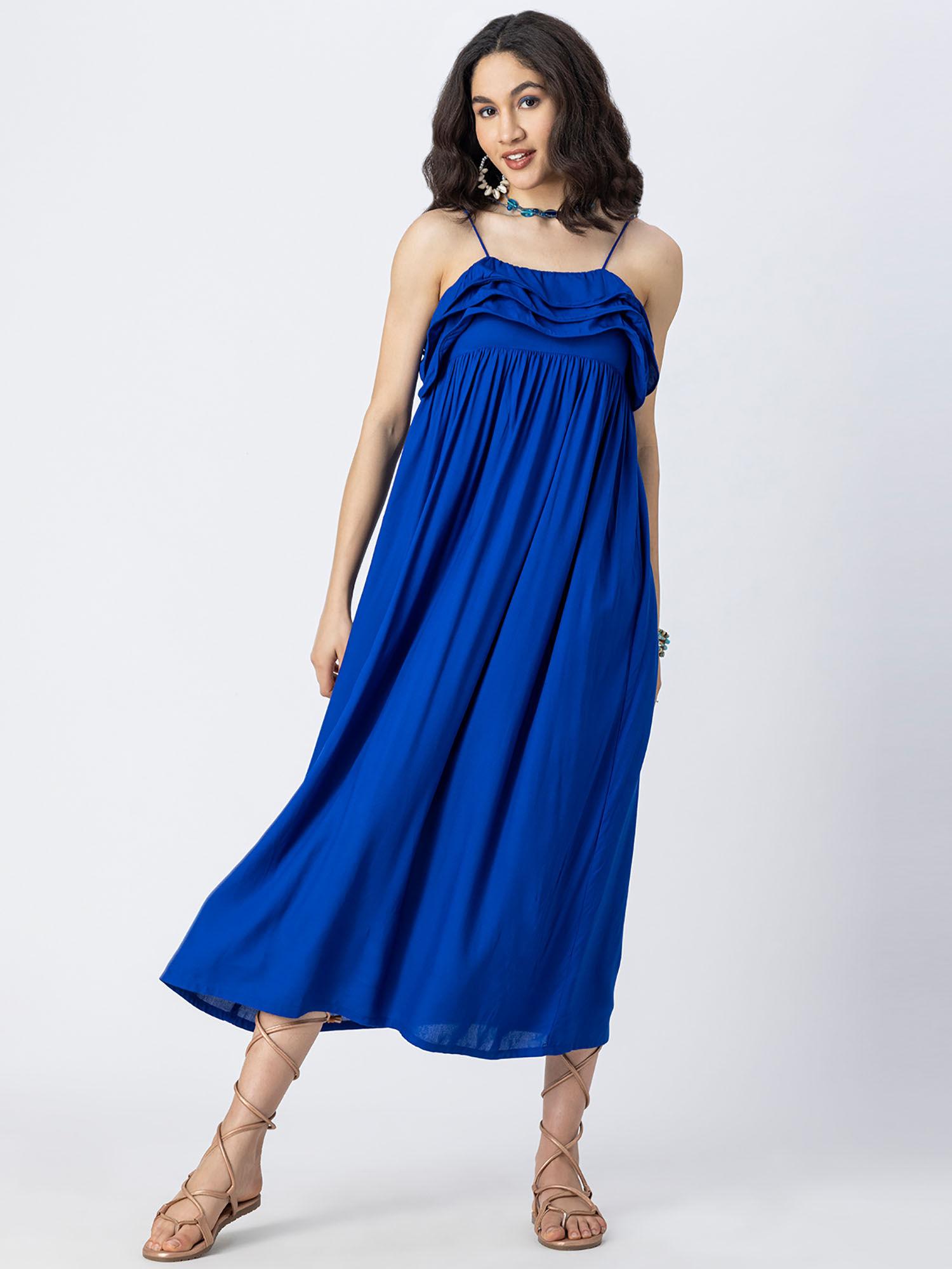 women solid maxi chic frill summer blue dress