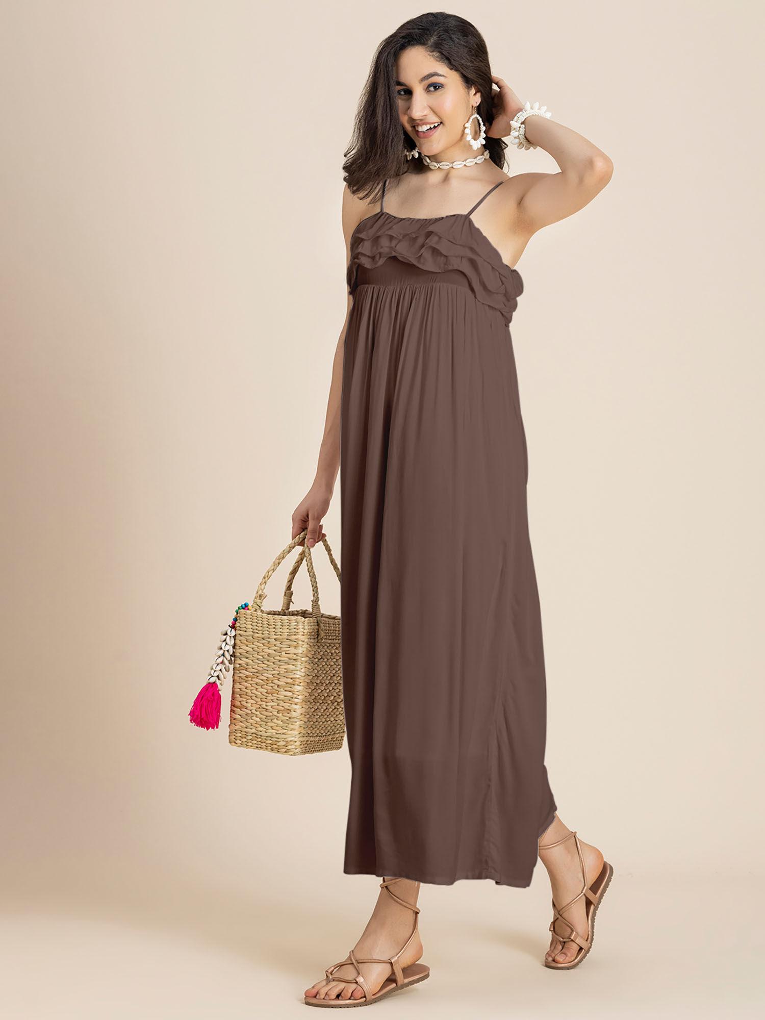 women solid maxi chic frill summer brown dress