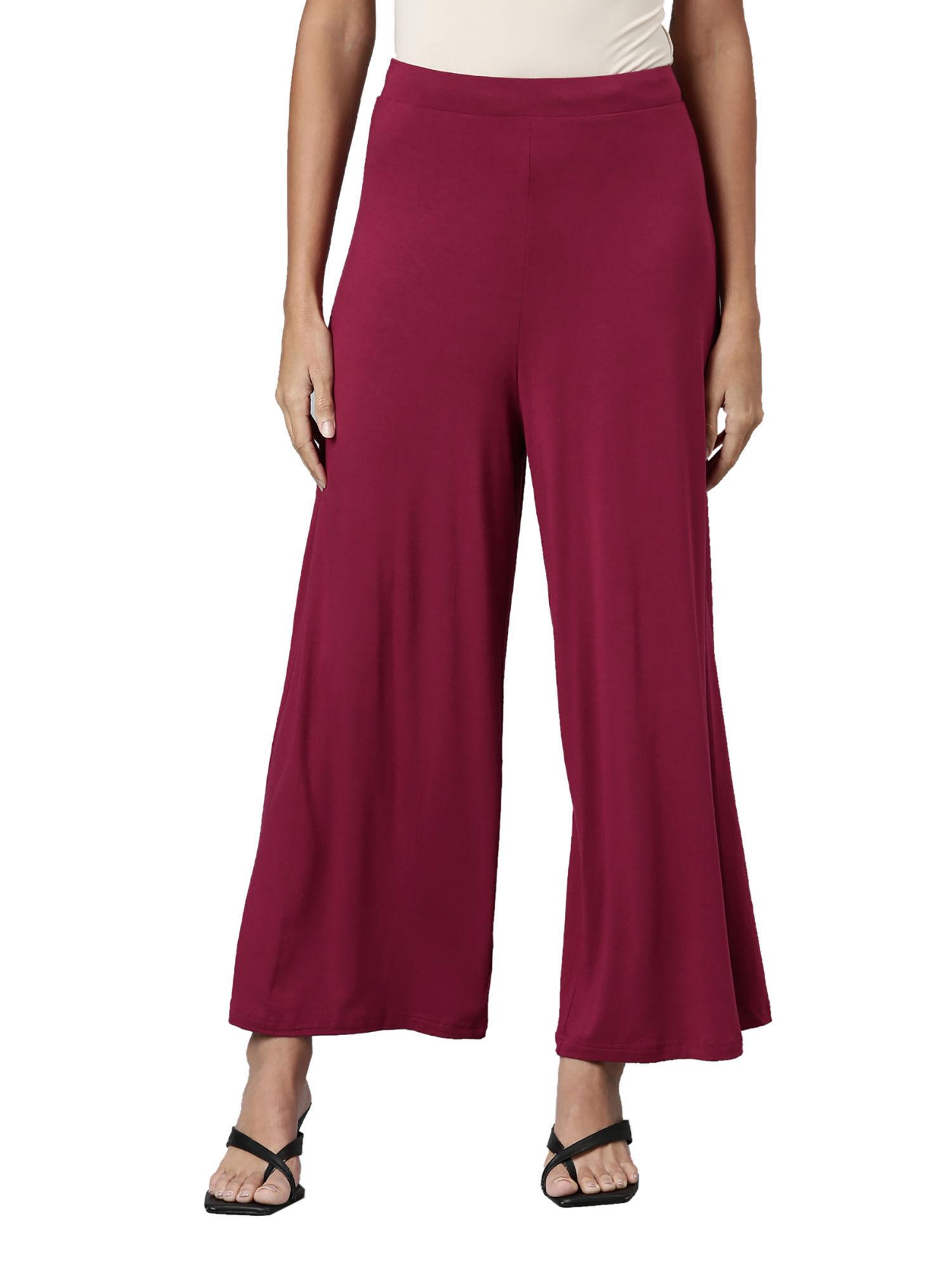 women solid medium wine knit viscose palazzos