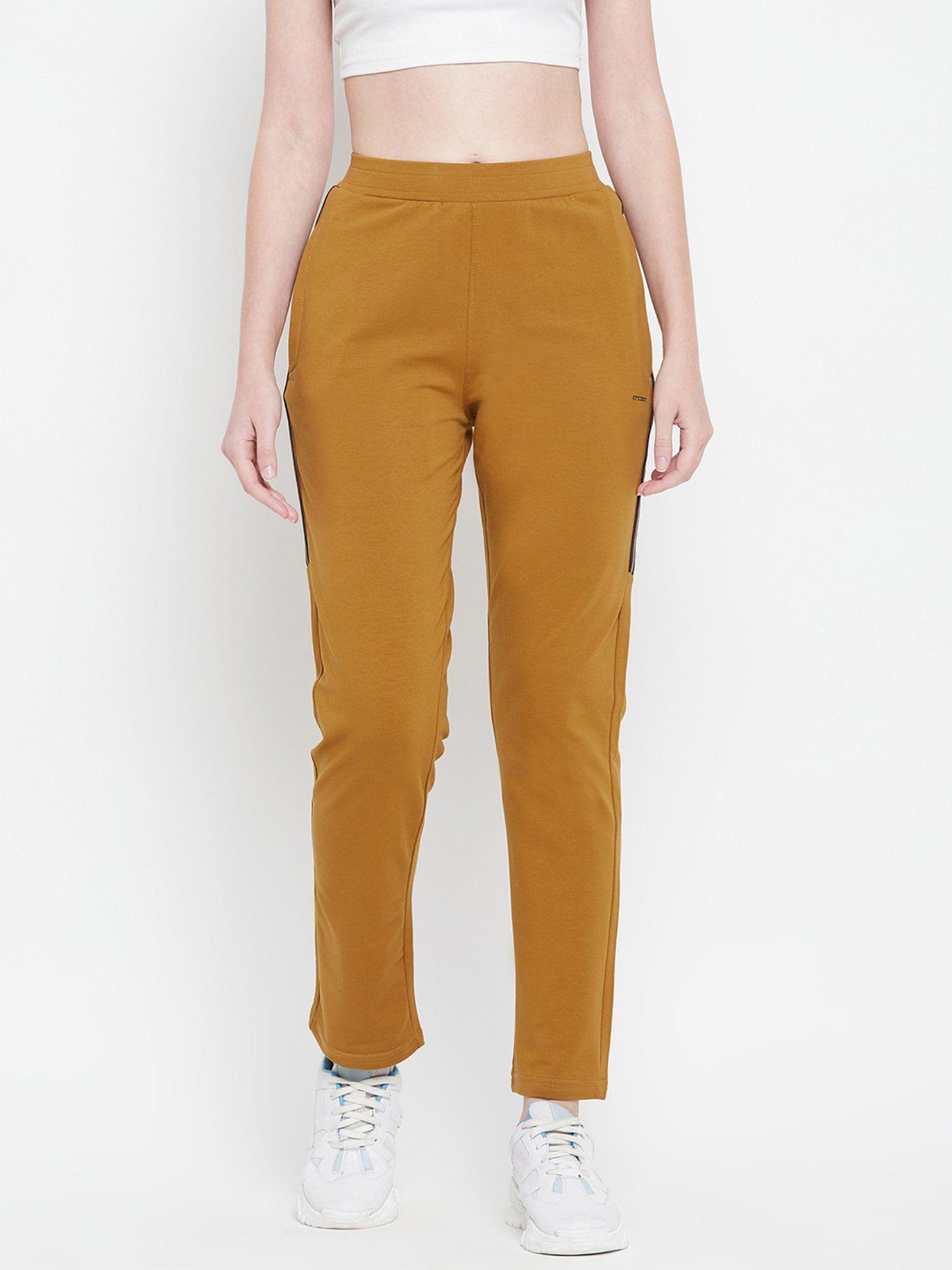 women solid mustard cotton elastane athleisure pant