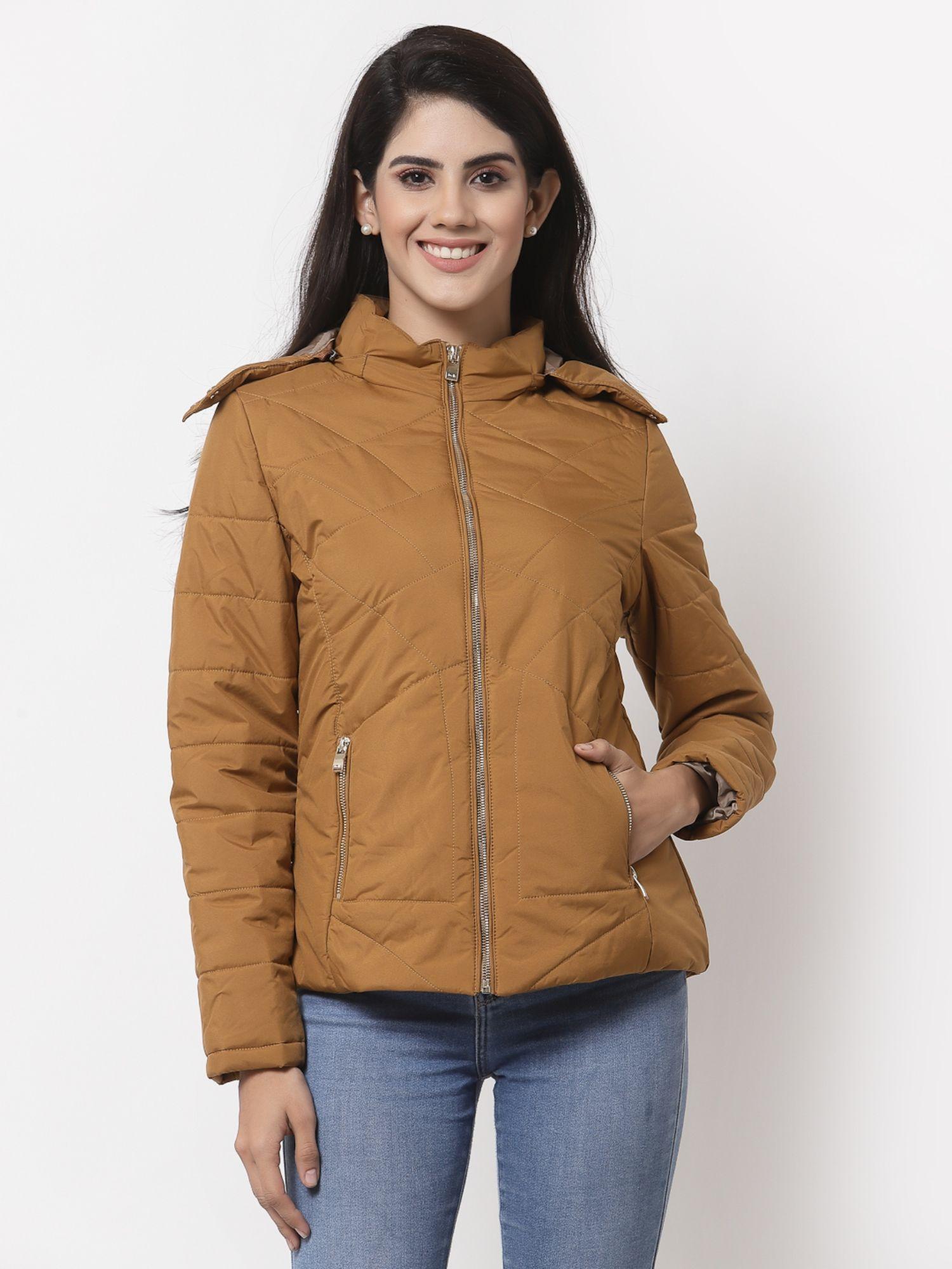 women solid mustard hooded nylon winter padded jacket