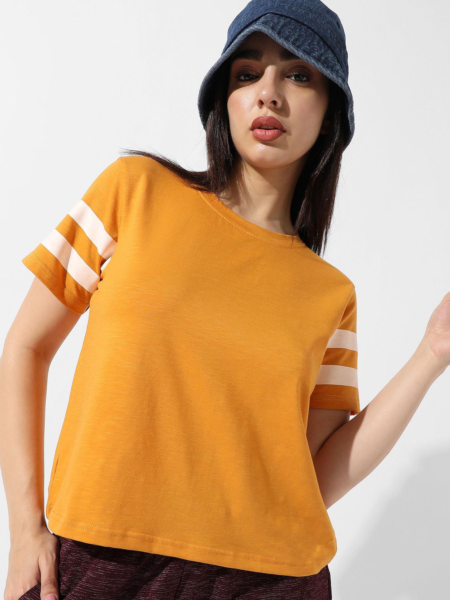 women solid mustard yellow boxy top