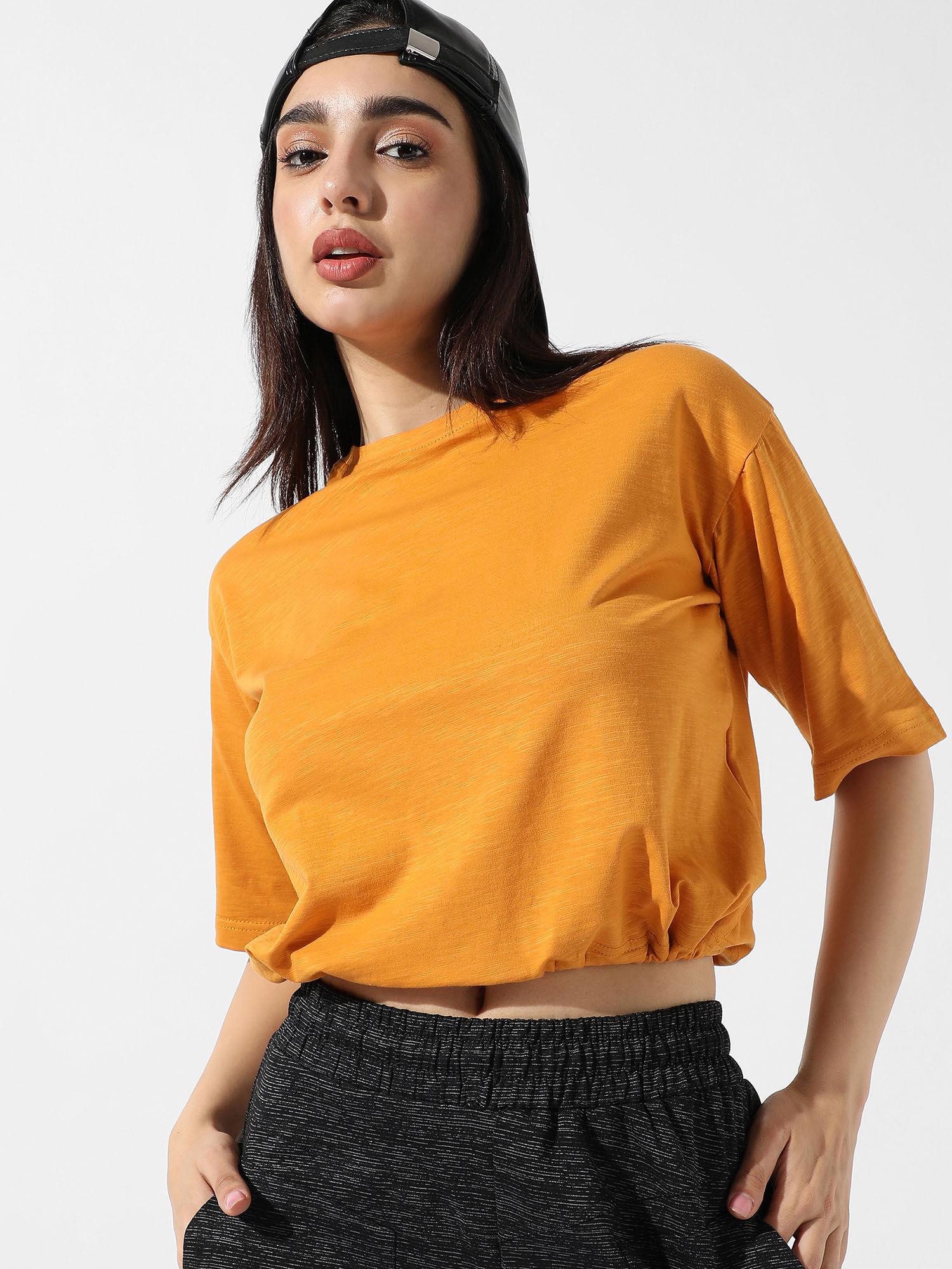 women solid mustard yellow cinched crop top