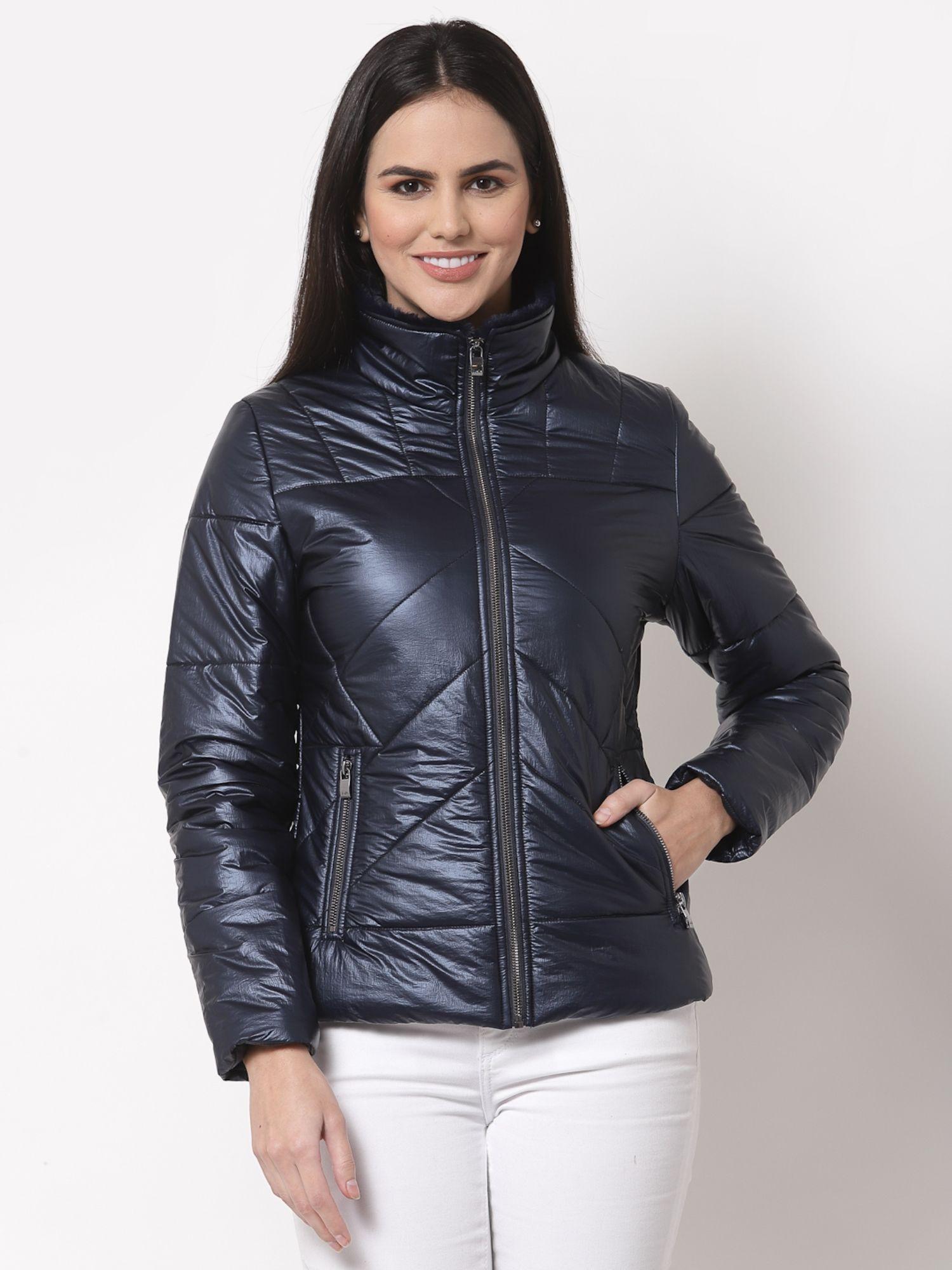 women solid navy blue collar neck nylon winter padded jacket