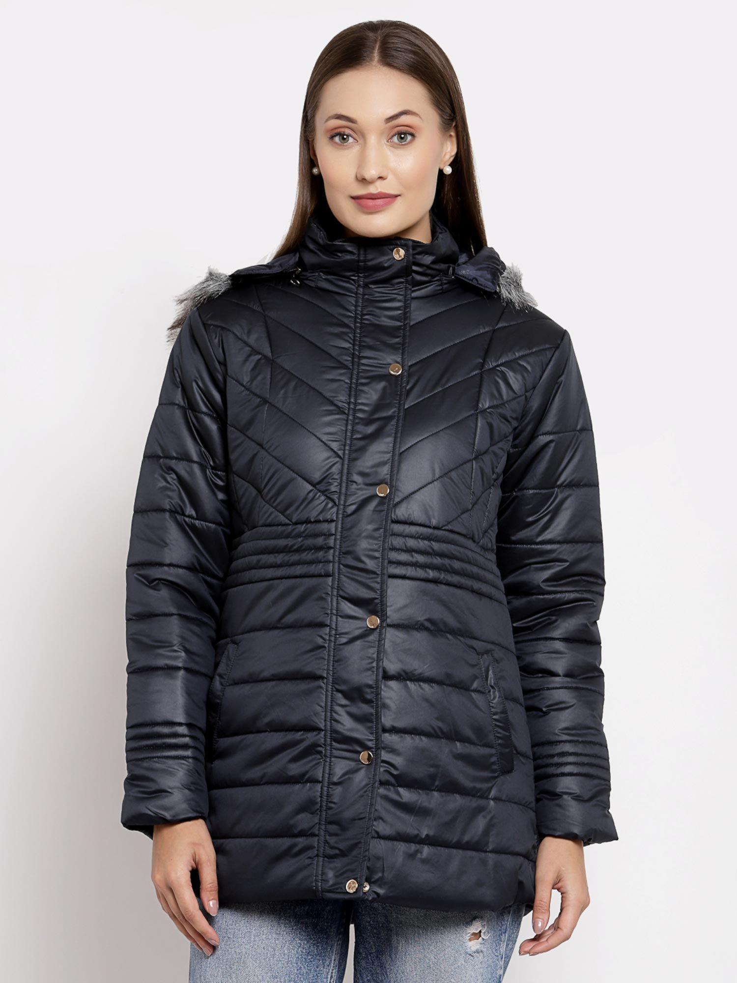 women solid navy blue detachable hood nylon padded jacket