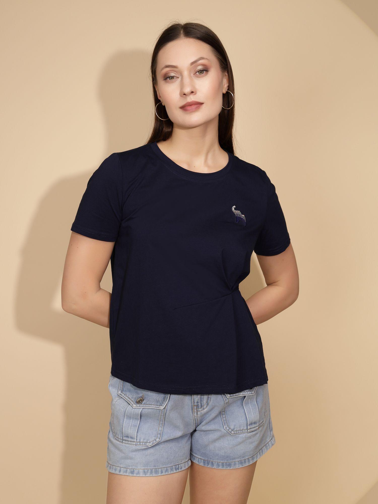 women solid navy blue half sleeves round neck t-shirt