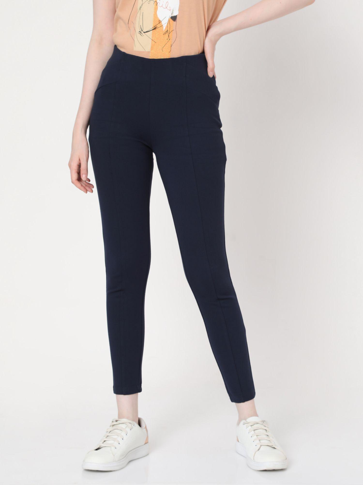 women solid navy blue jeggings