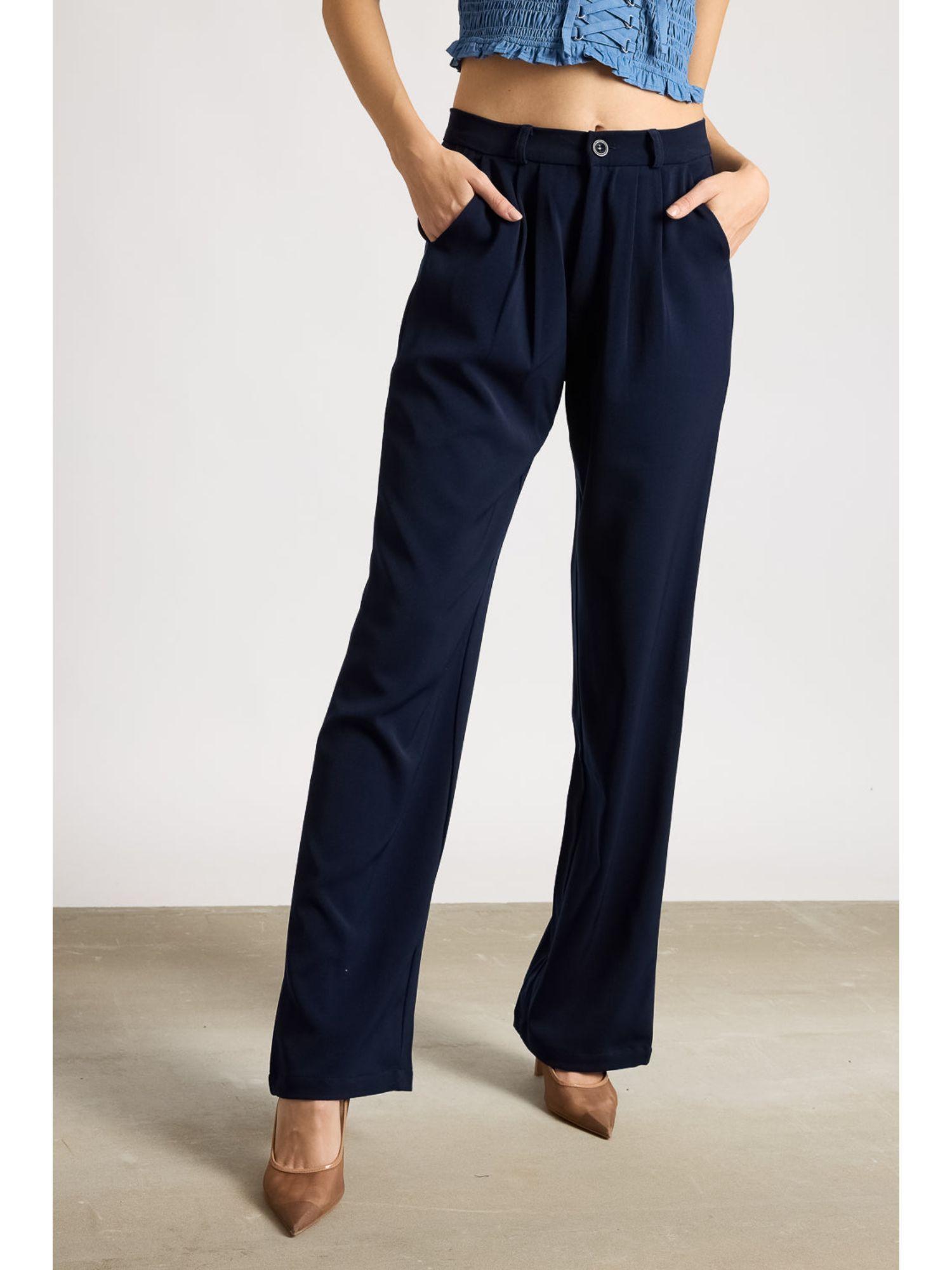 women solid navy blue korean pant