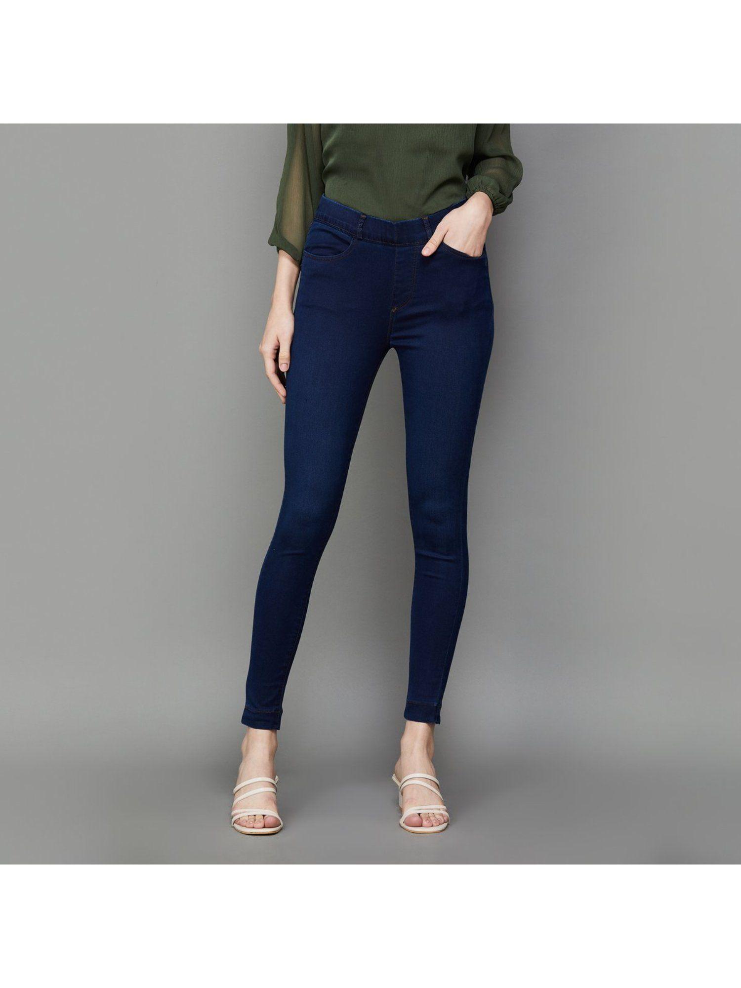 women solid navy blue mid-rise slim fit jeggings