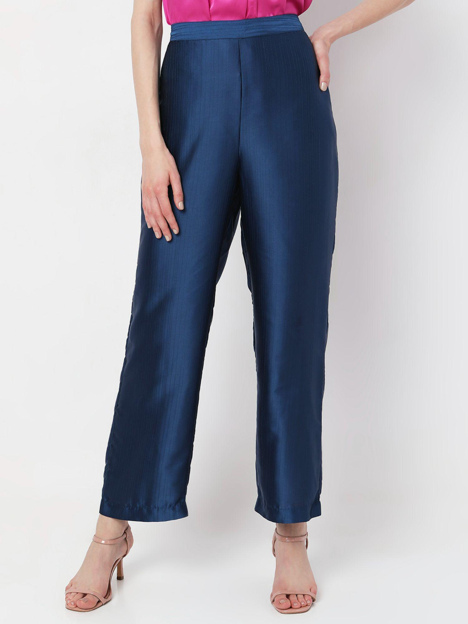 women solid navy blue pants