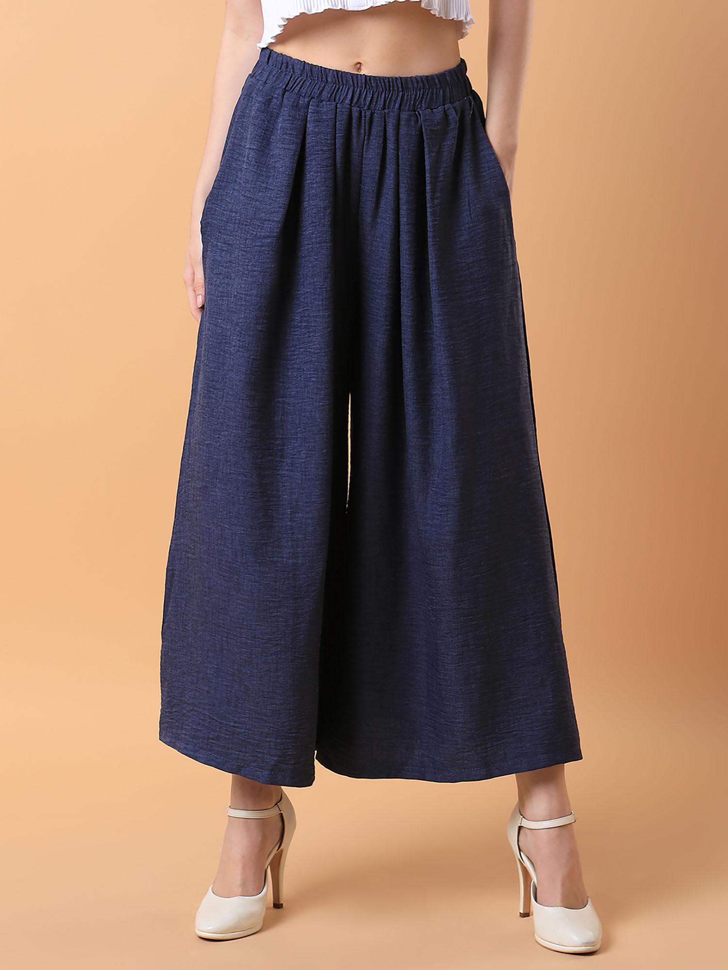 women solid navy blue pleated loose fit palazzo