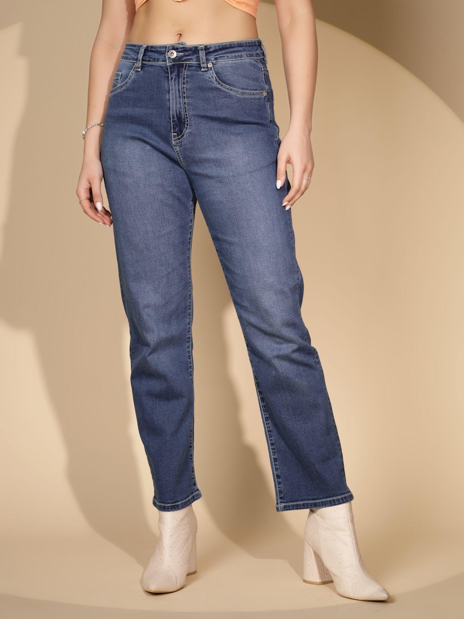 women solid navy blue straight leg jeans