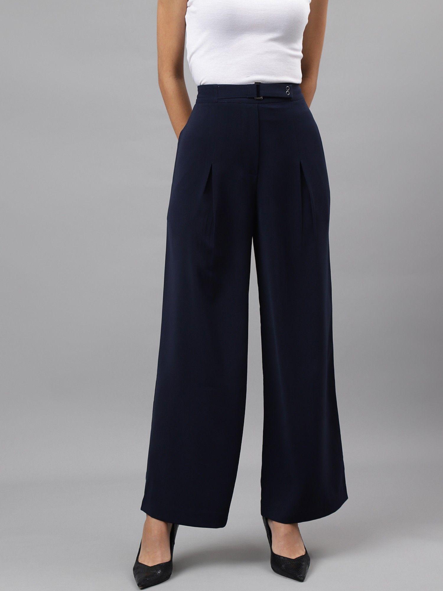 women solid navy blue stylish pant