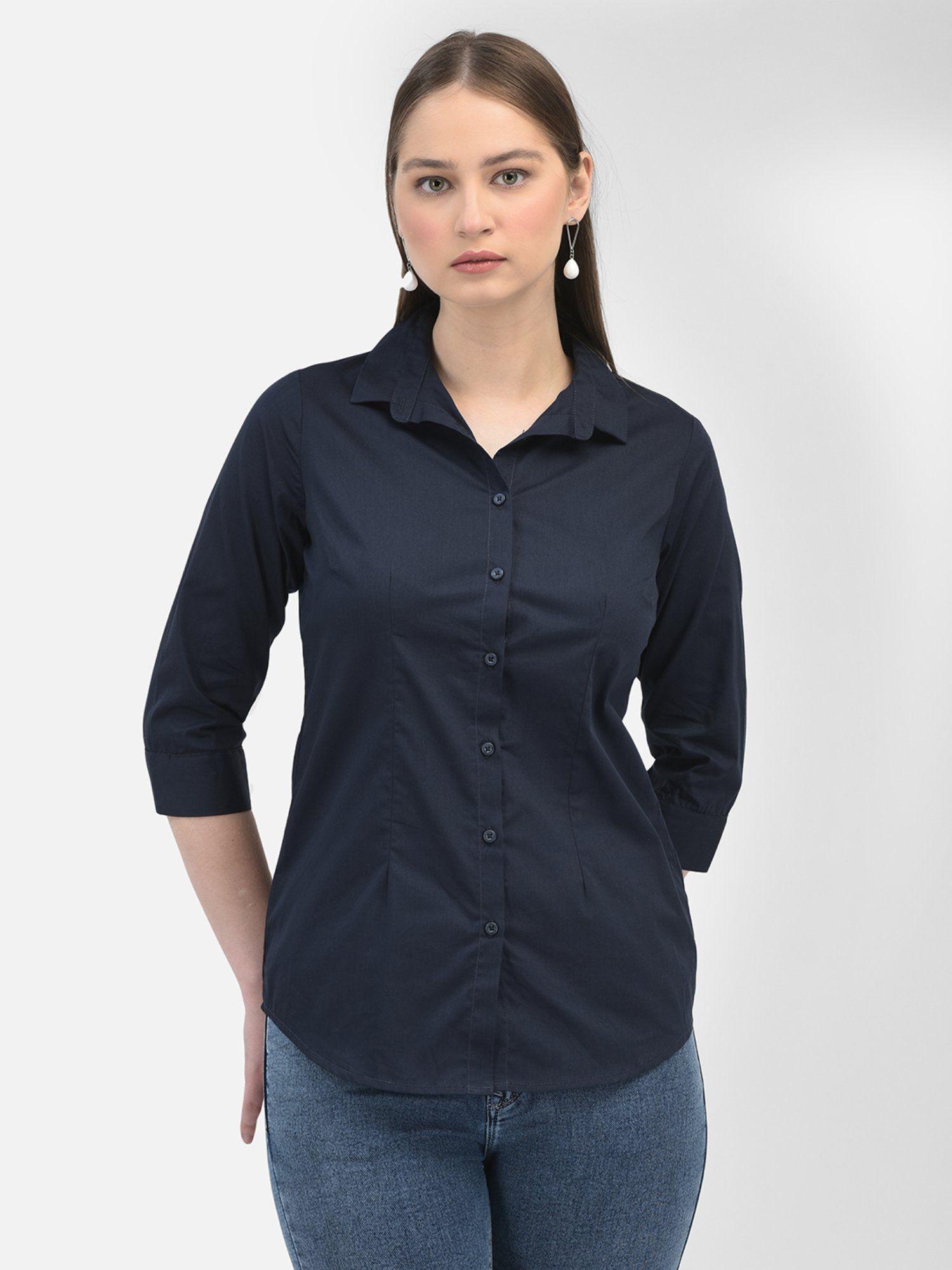 women solid navy blue three fourth sleeves collar neck shirt