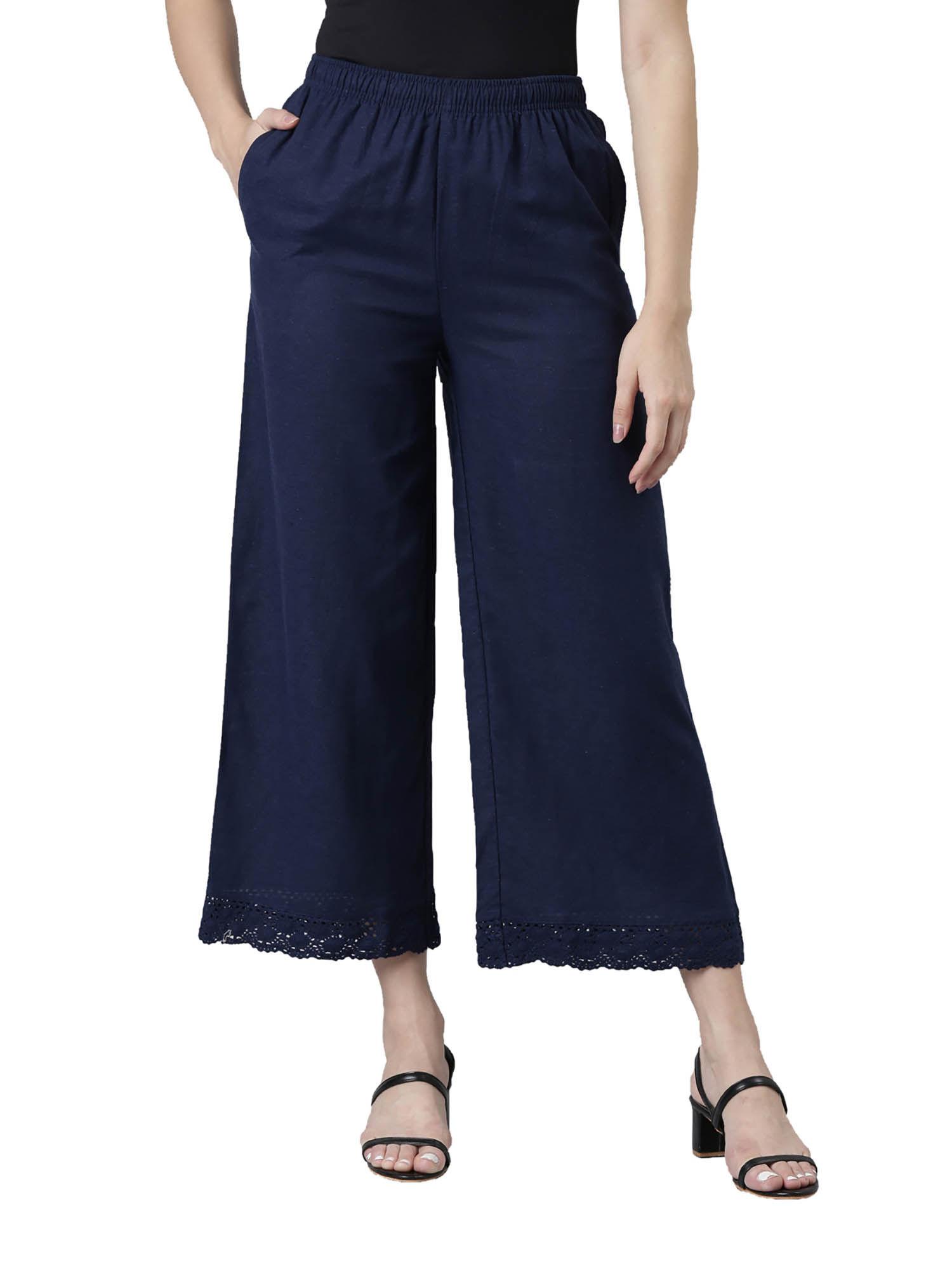 women solid navy mid rise linen wide pant