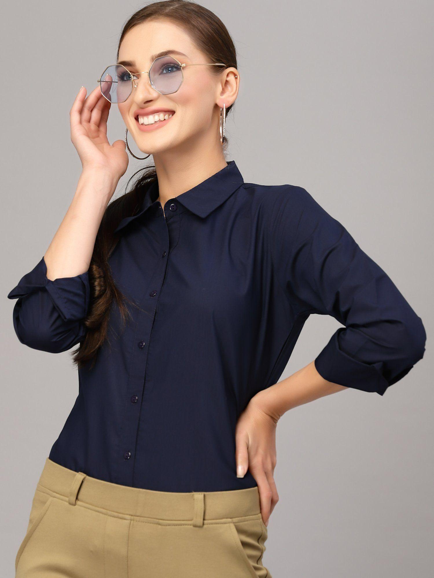 women solid navy polycotton regular formal shirt