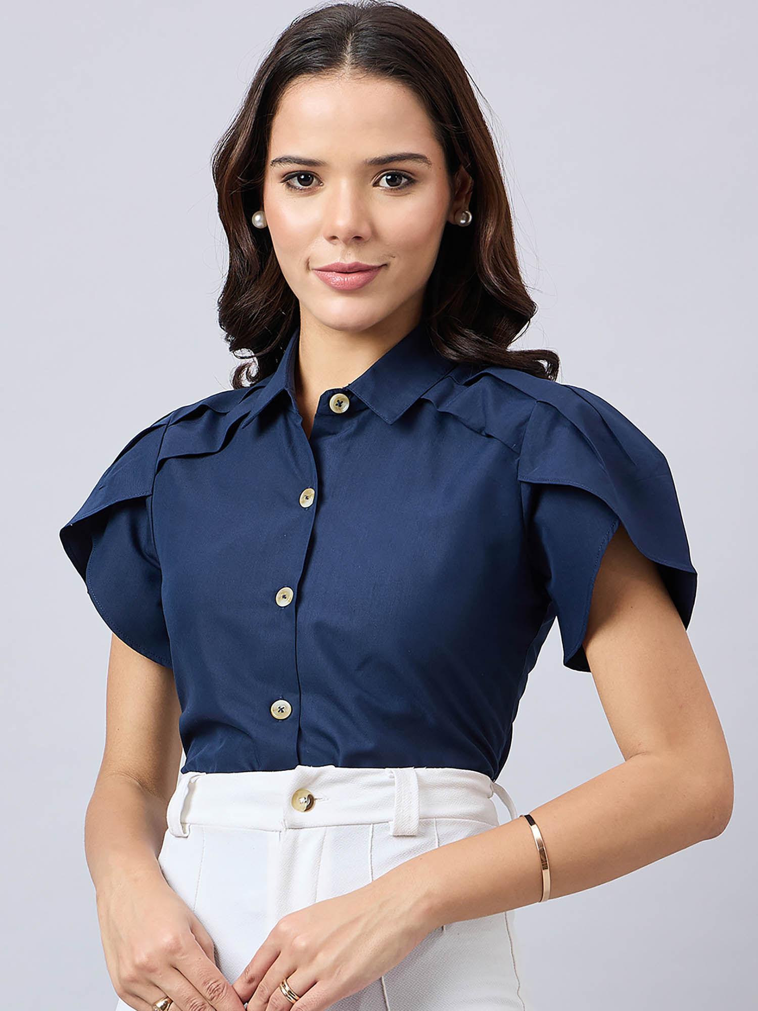 women solid navy polycotton tulip sleeve shirt