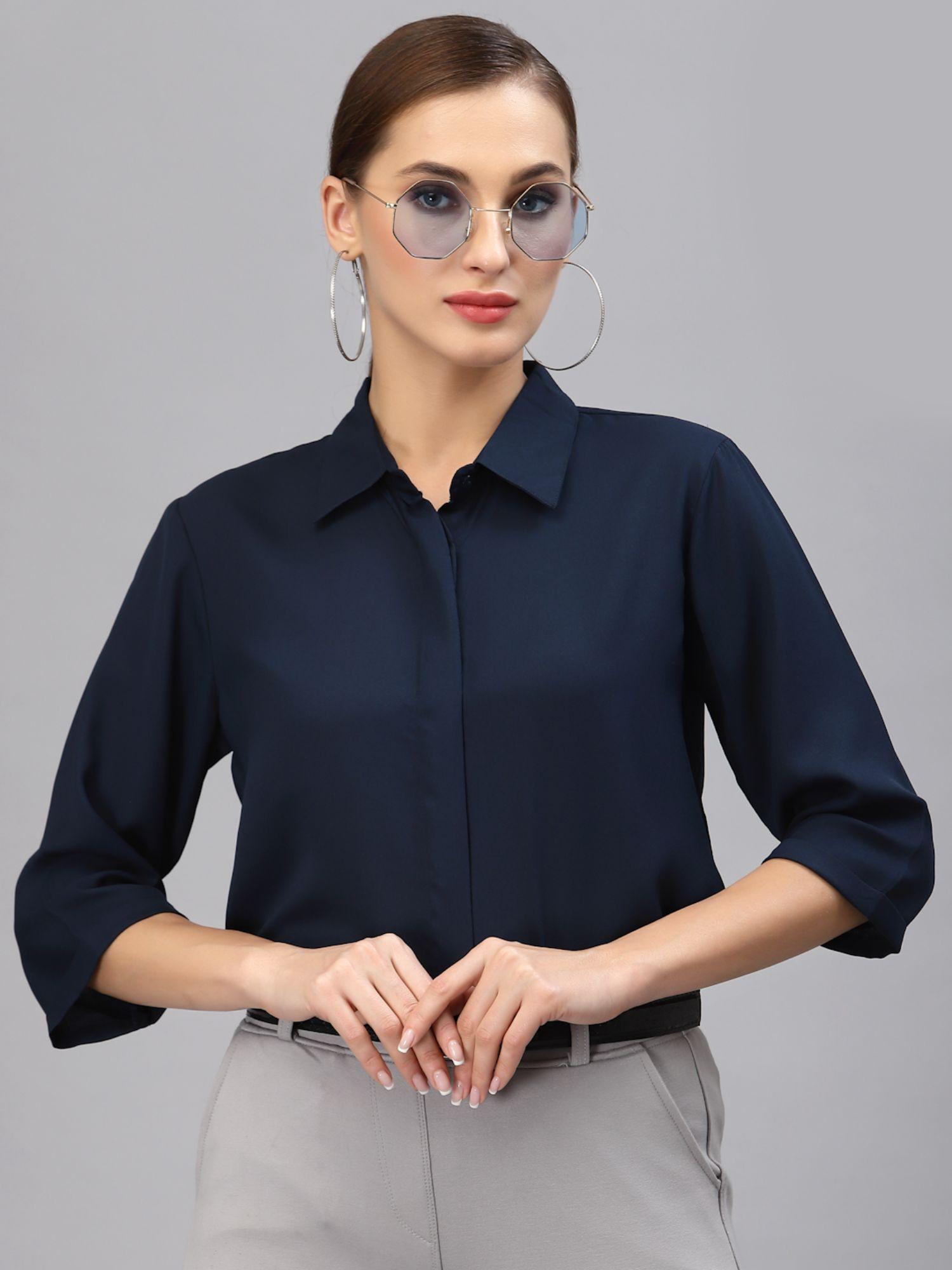 women solid navy polymoss regular formal shirt