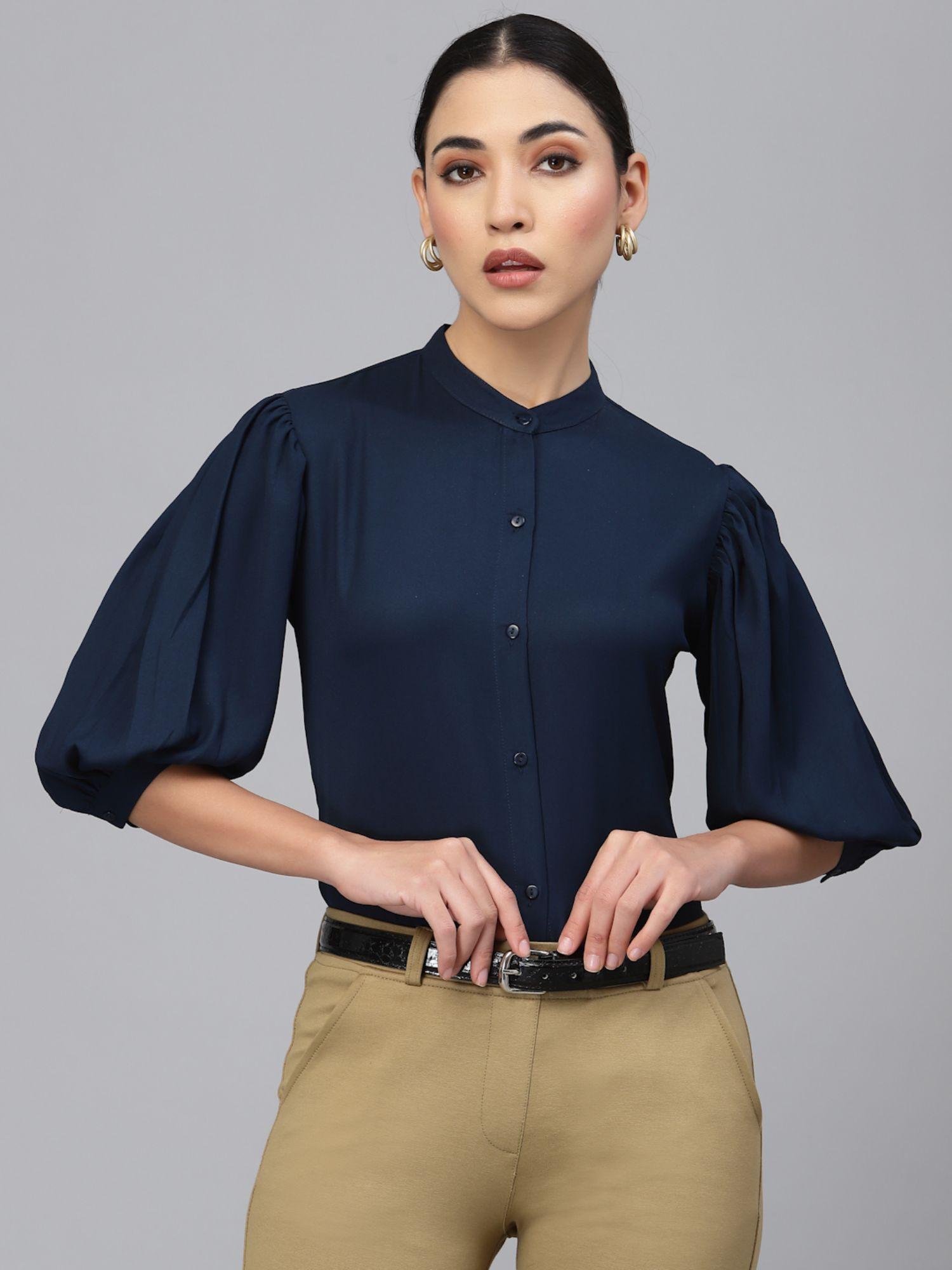 women solid navy polymoss regular formal shirt