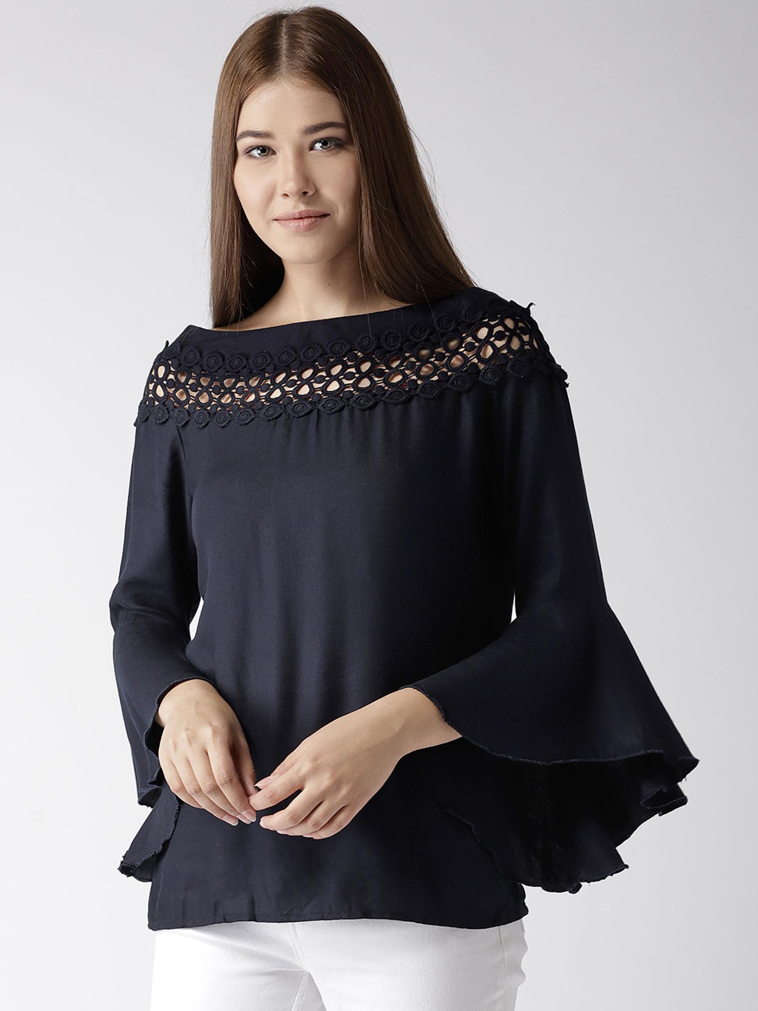 women solid navy viscose rayon smart casual top