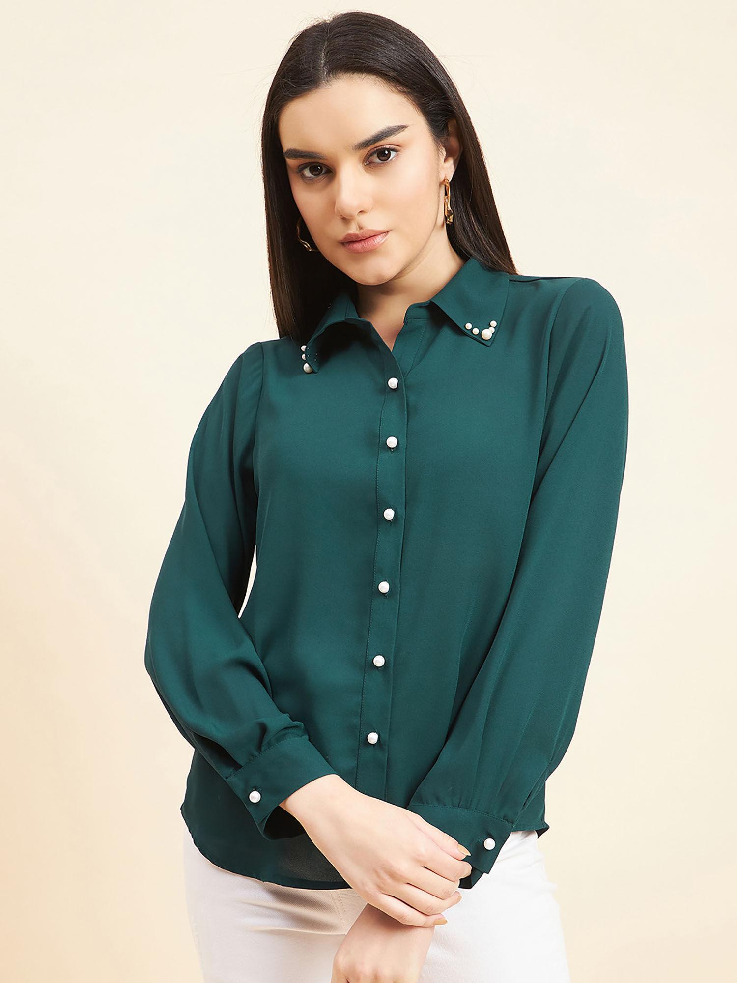 women solid neck embellishment georgette bottle green shirt