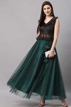 women solid net flared maxi lehenga skirt with top - green