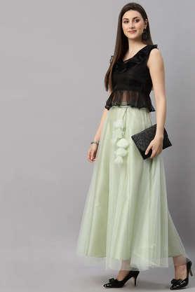 women solid net flared maxi lehenga skirt with top - mint
