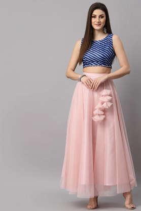 women solid net flared maxi lehenga skirt with top - pink