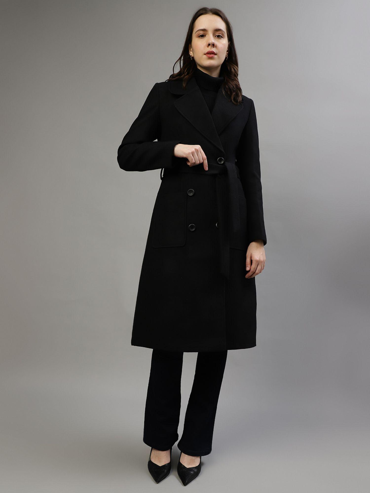 women solid notched lapel full sleeves overcoat (set of 2)