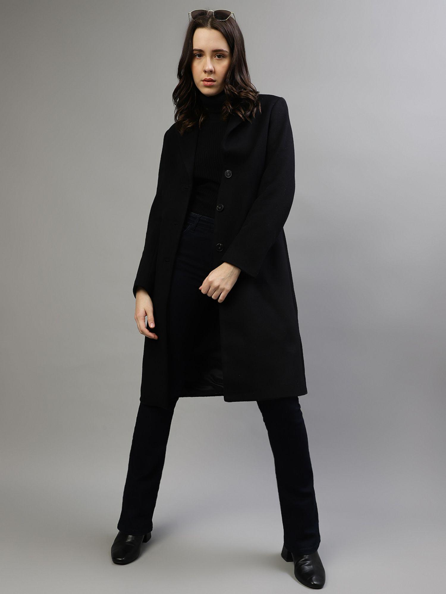 women solid notched lapel full sleeves overcoat