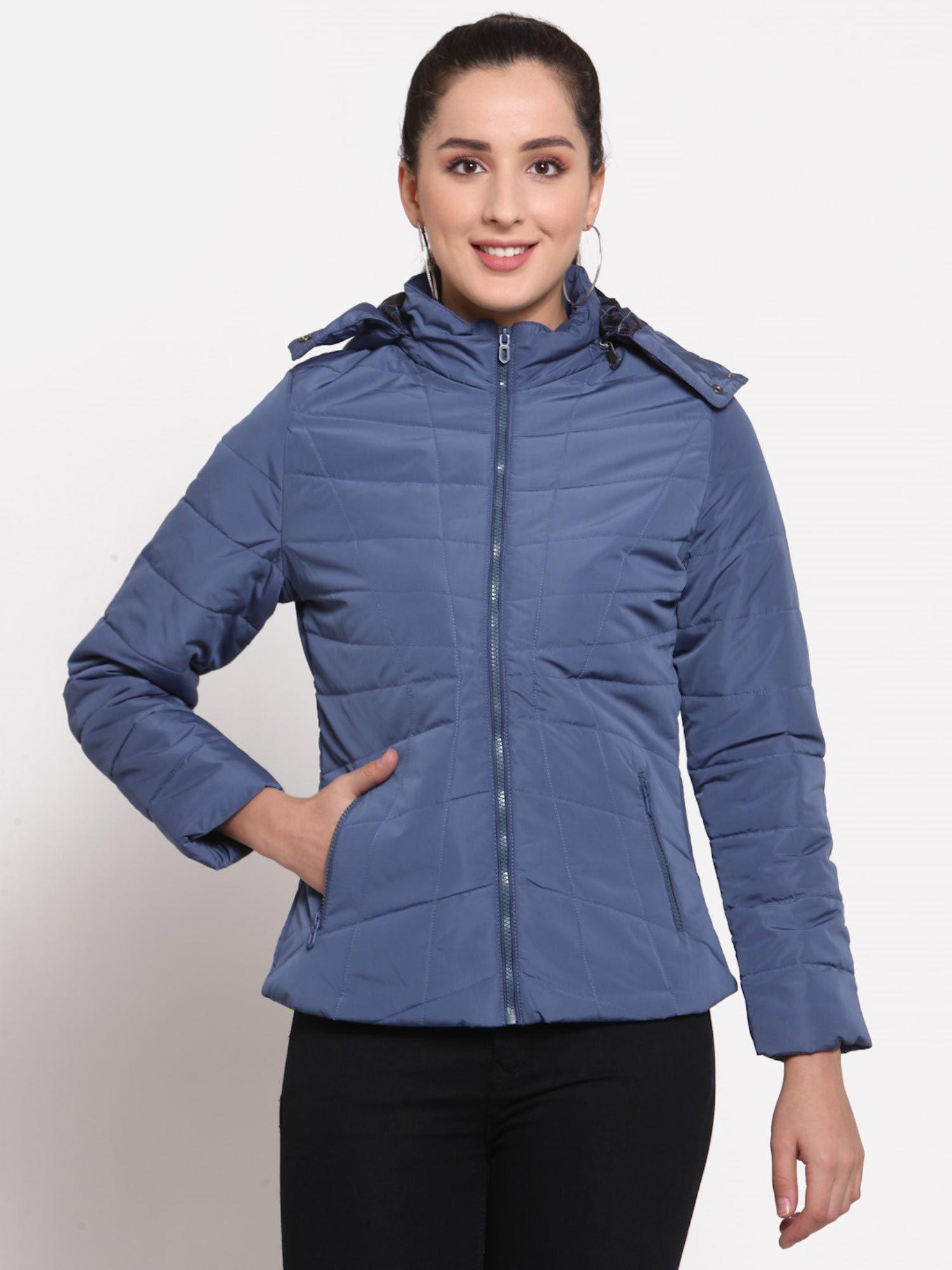 women solid nylon hooded full sleeves blue jacket