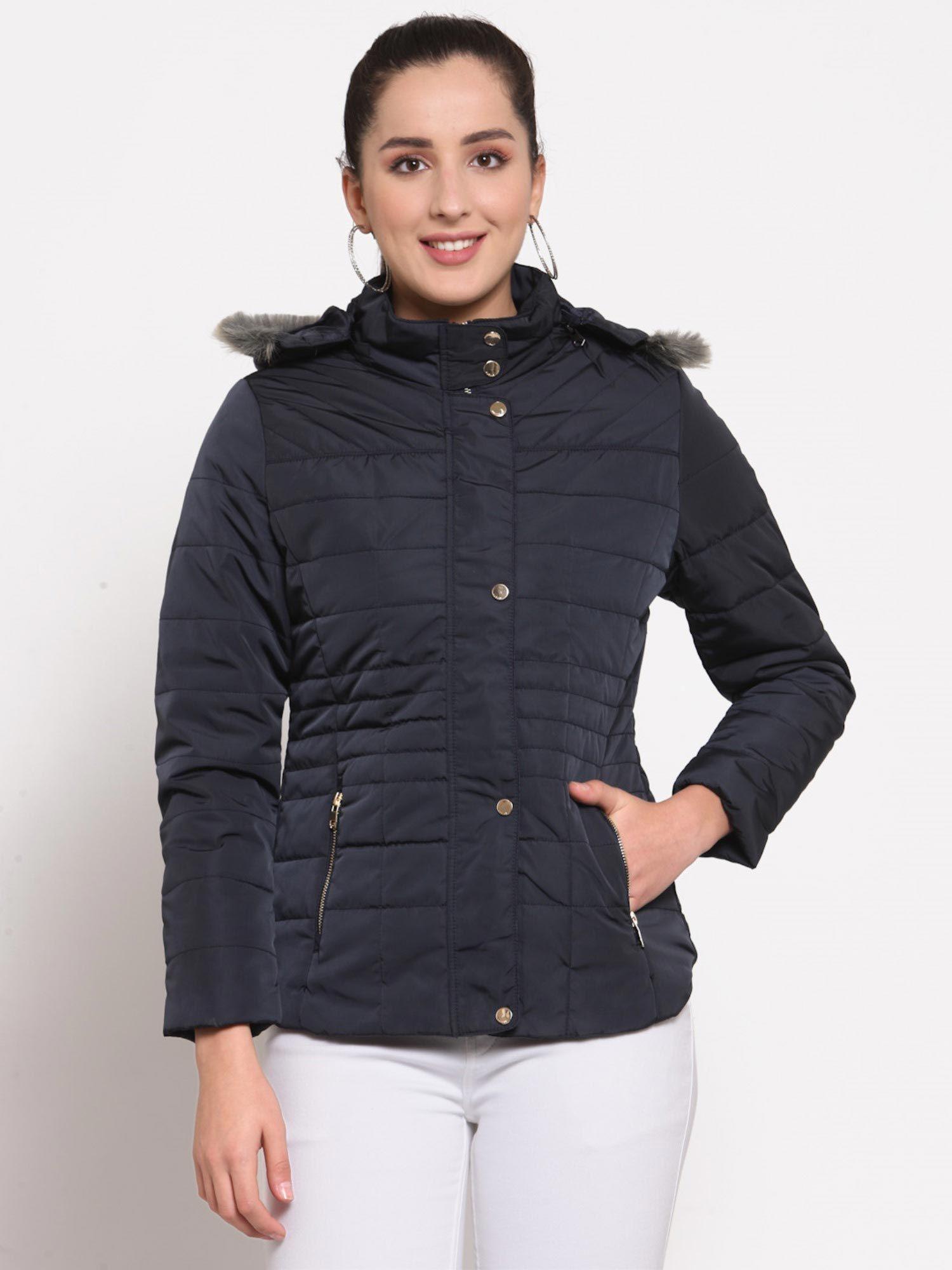 women solid nylon hooded full sleeves navy blue jacket