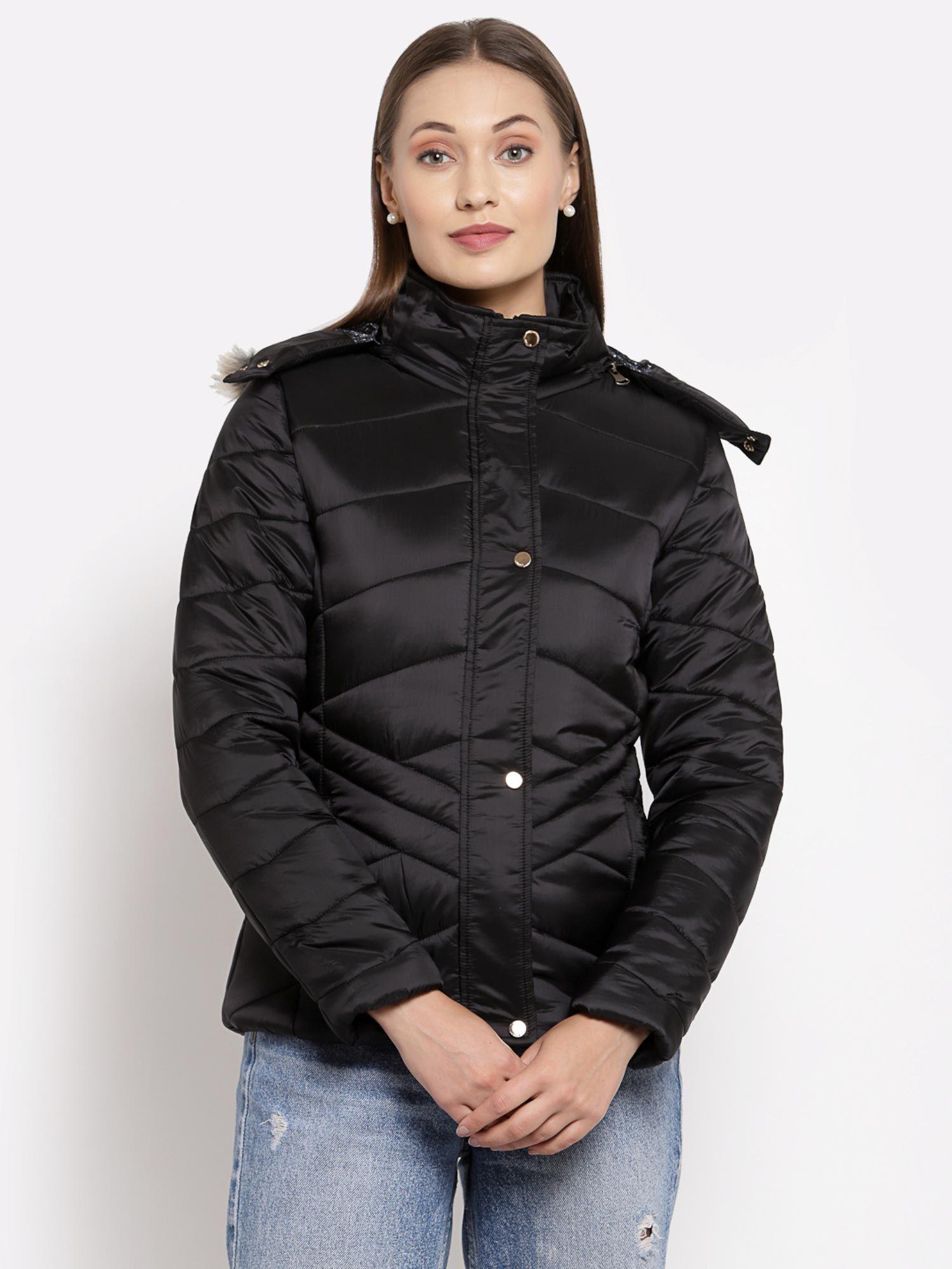 women solid nylon padded jacket with detachable hood-black