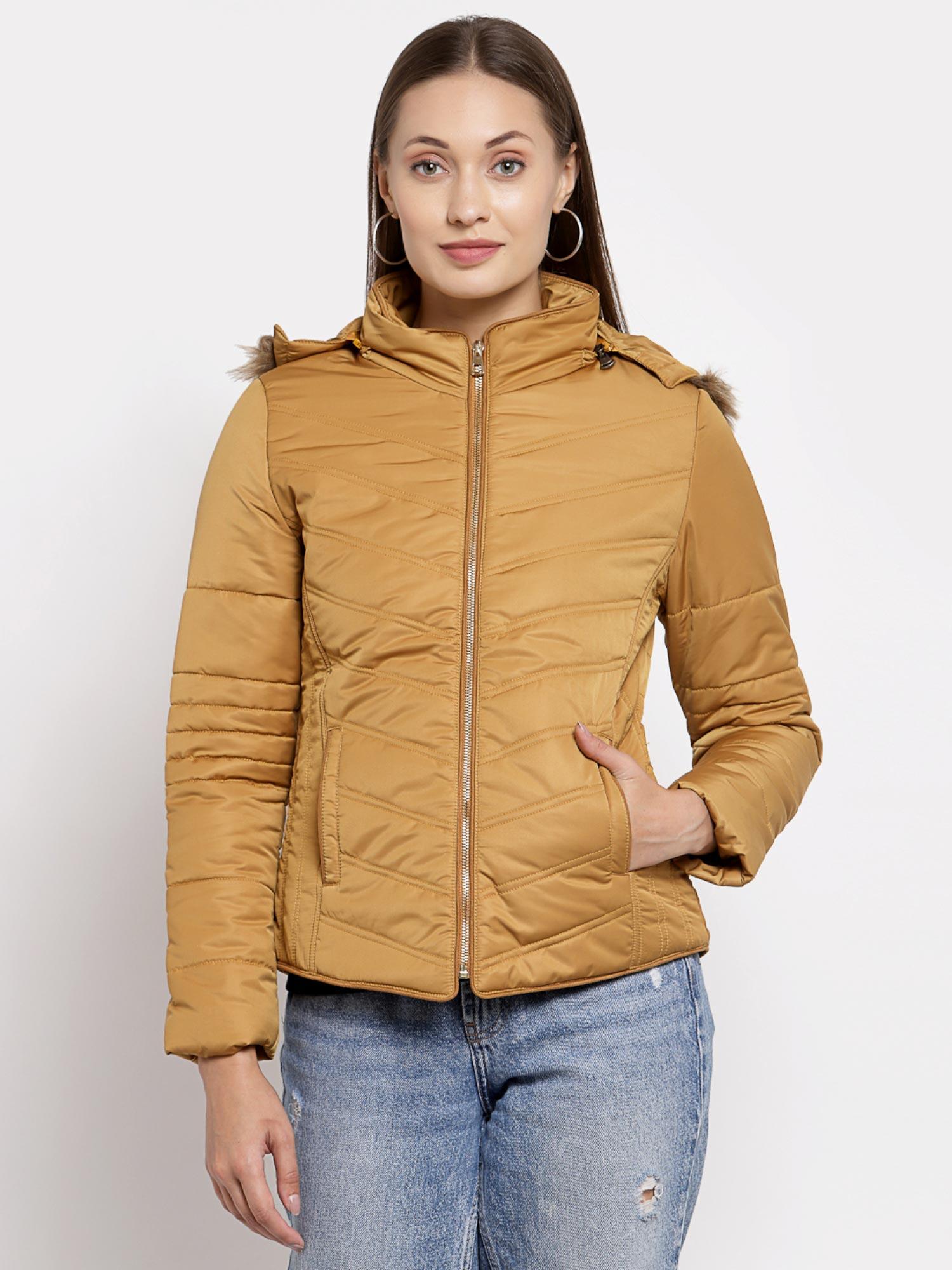 women solid nylon padded jacket with detachable hood-mustard