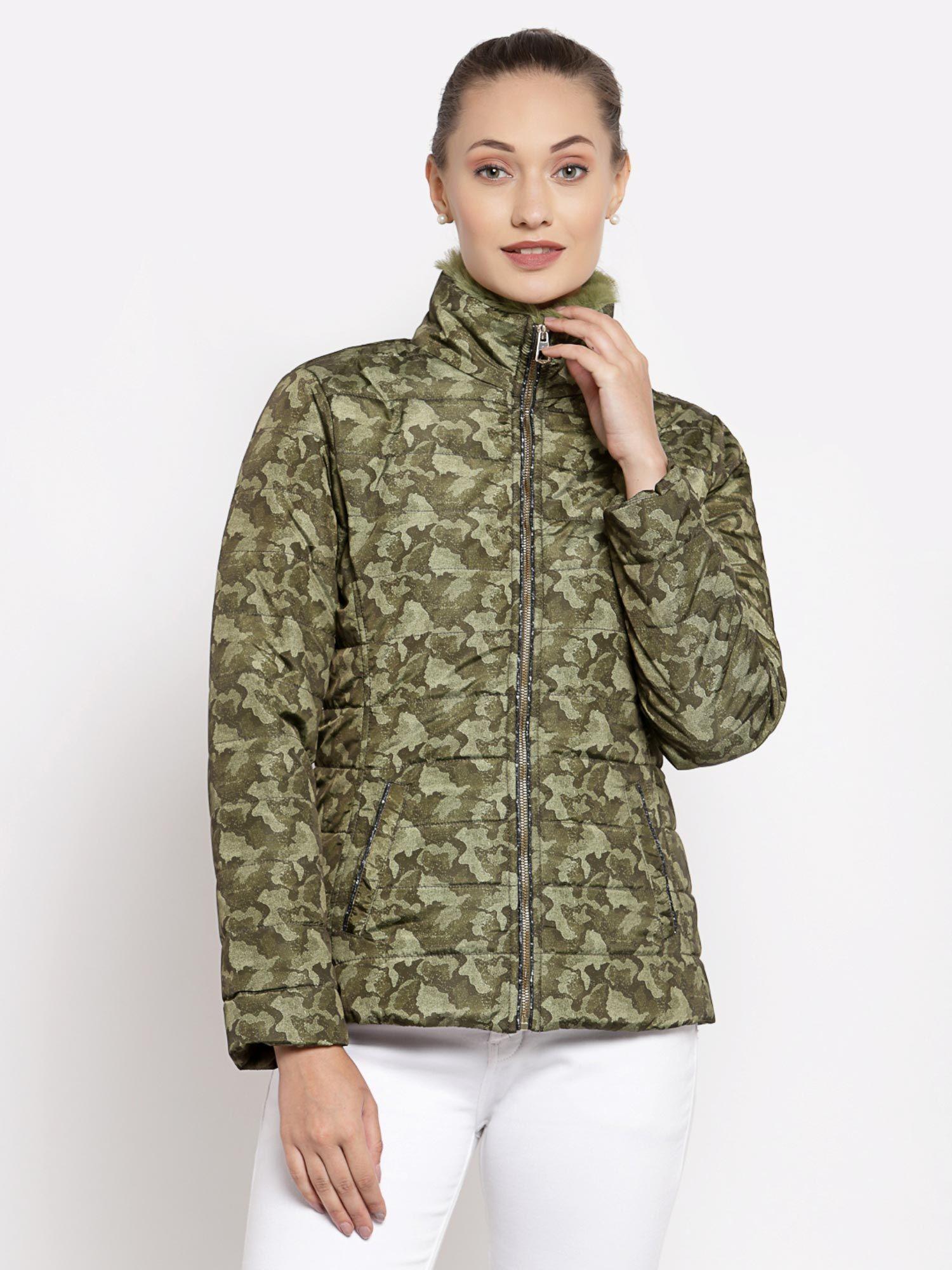 women solid nylon padded jacket with detachable hood-olive