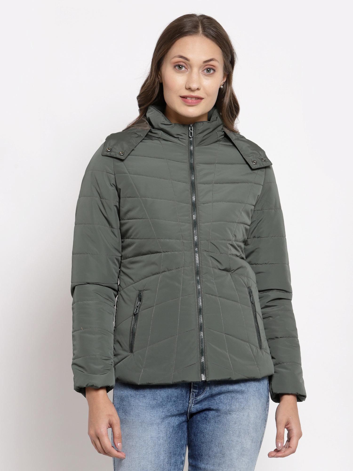 women solid nylon padded jacket with detachable hooded-green