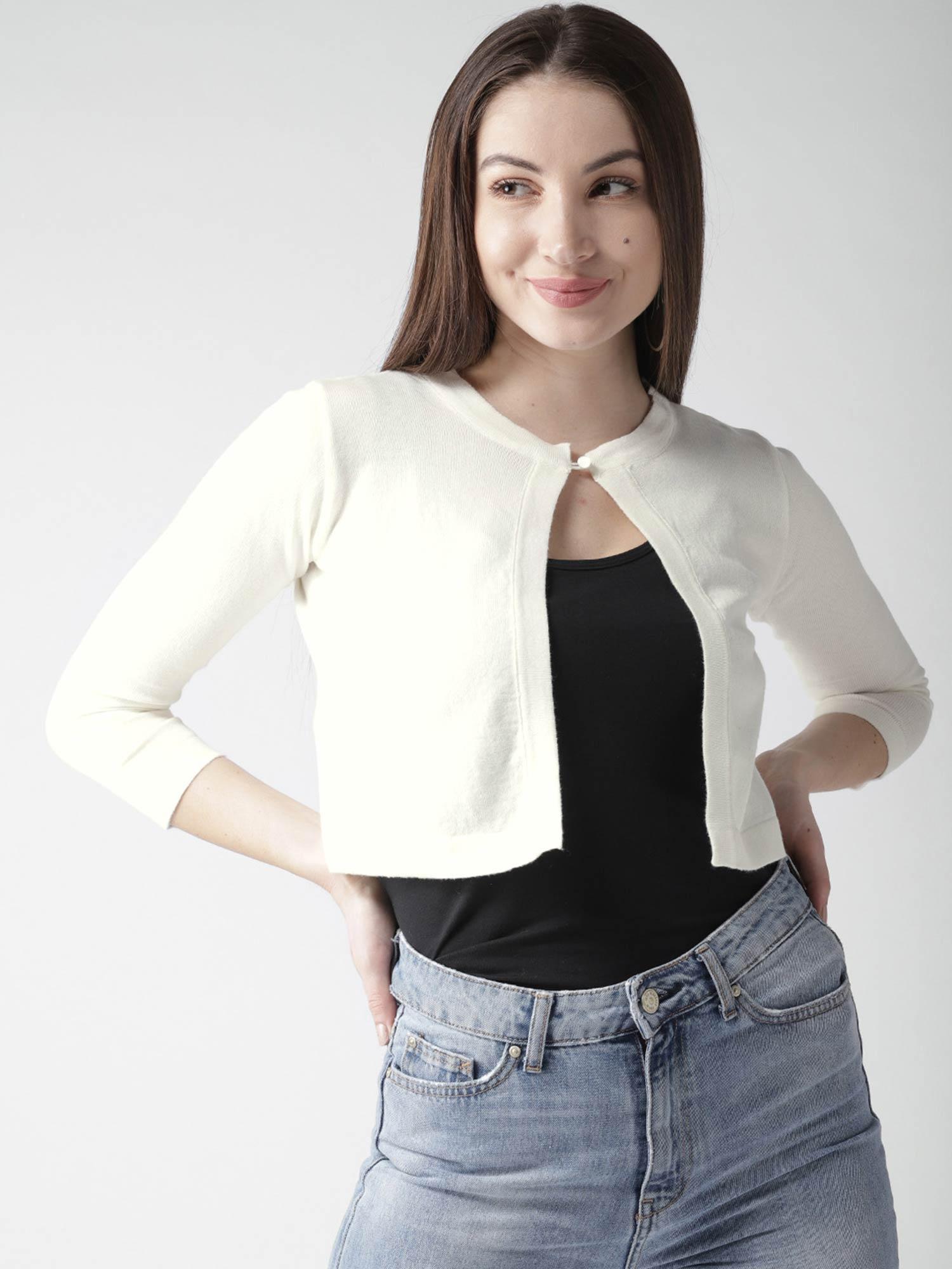 women solid off white cotton smart casual crop shrug