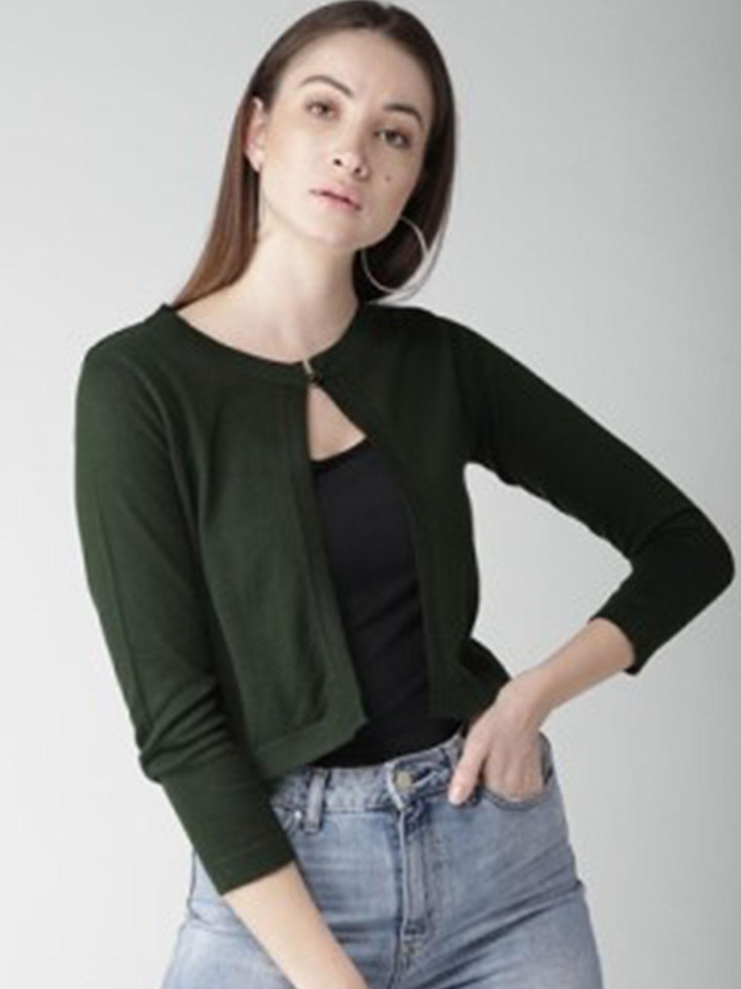 women solid olive cotton smart casual crop shrug