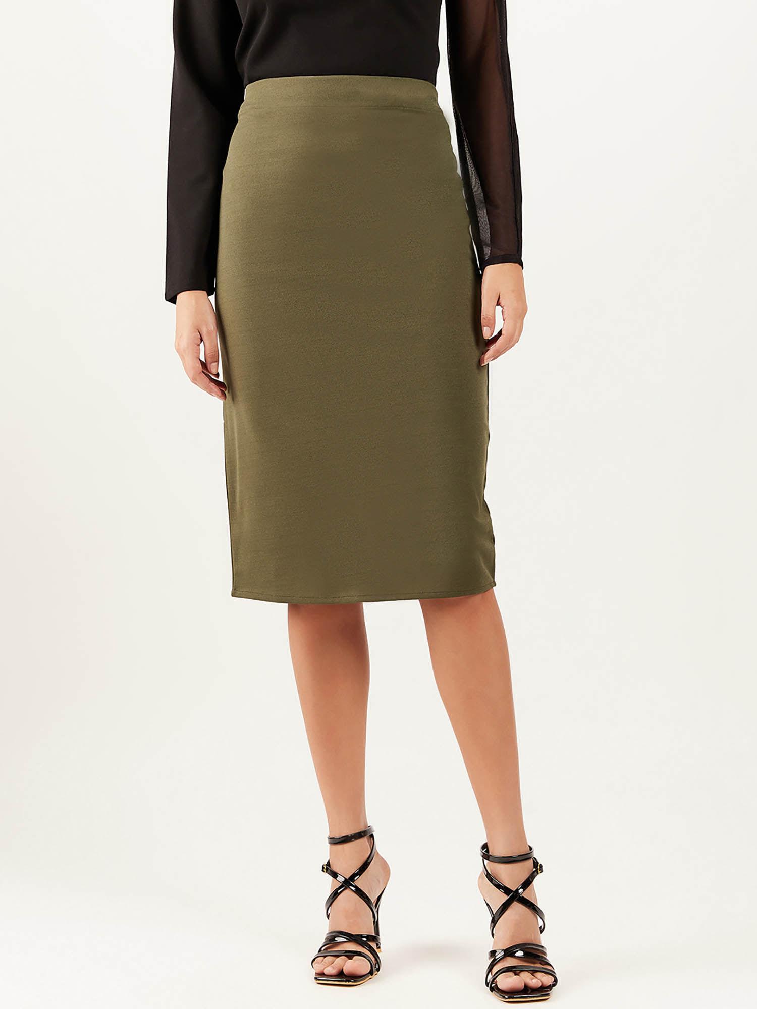 women solid olive knee length skirt