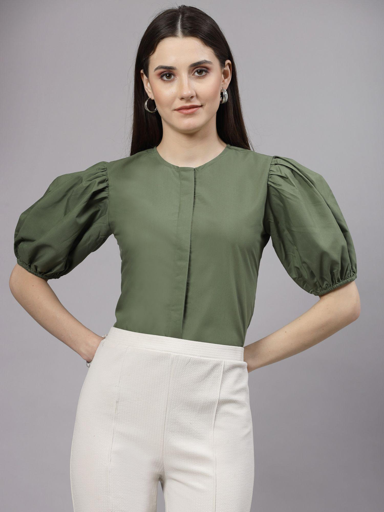 women solid olive polycotton regular formal shirt