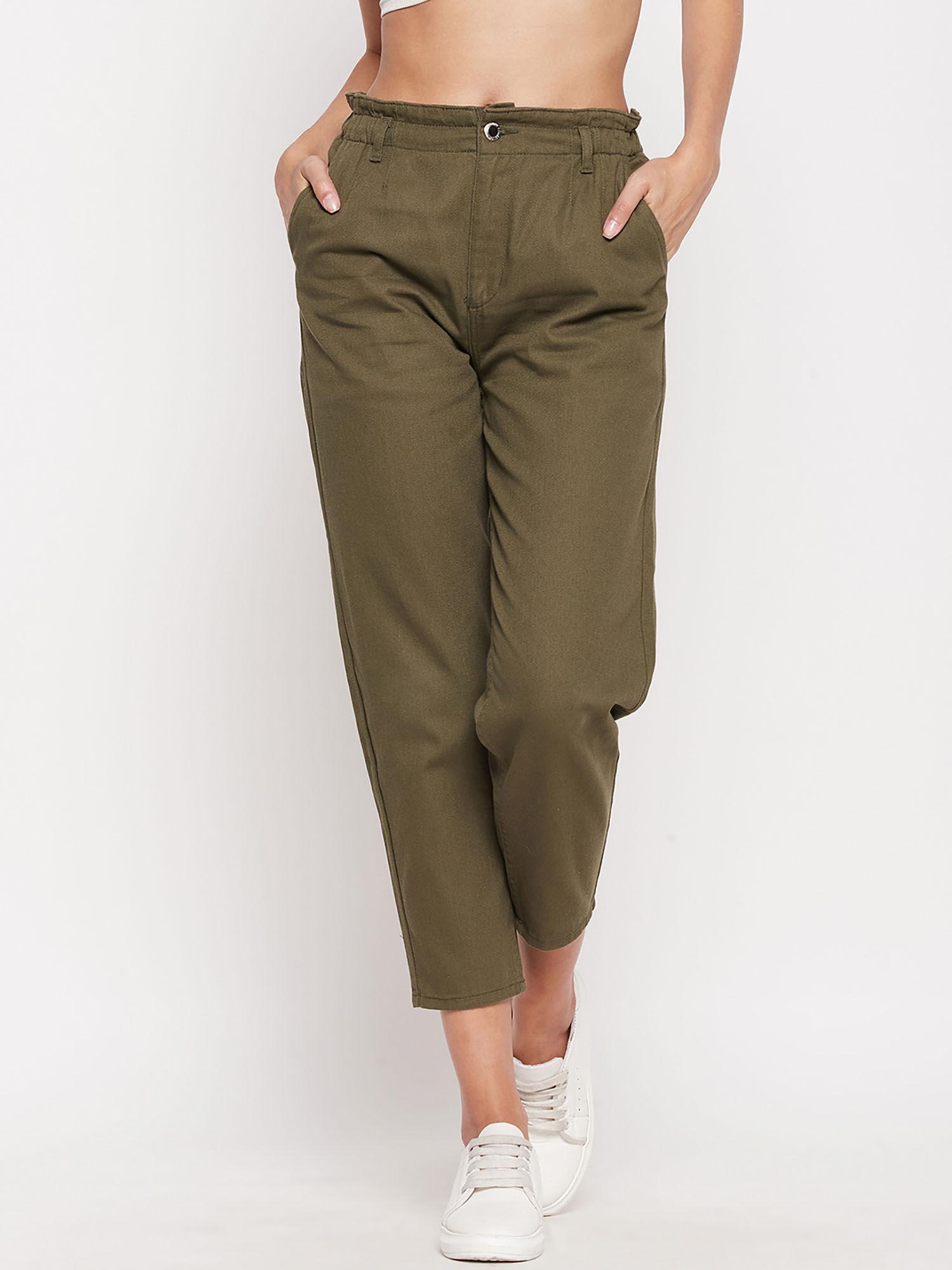 women solid olive trouser