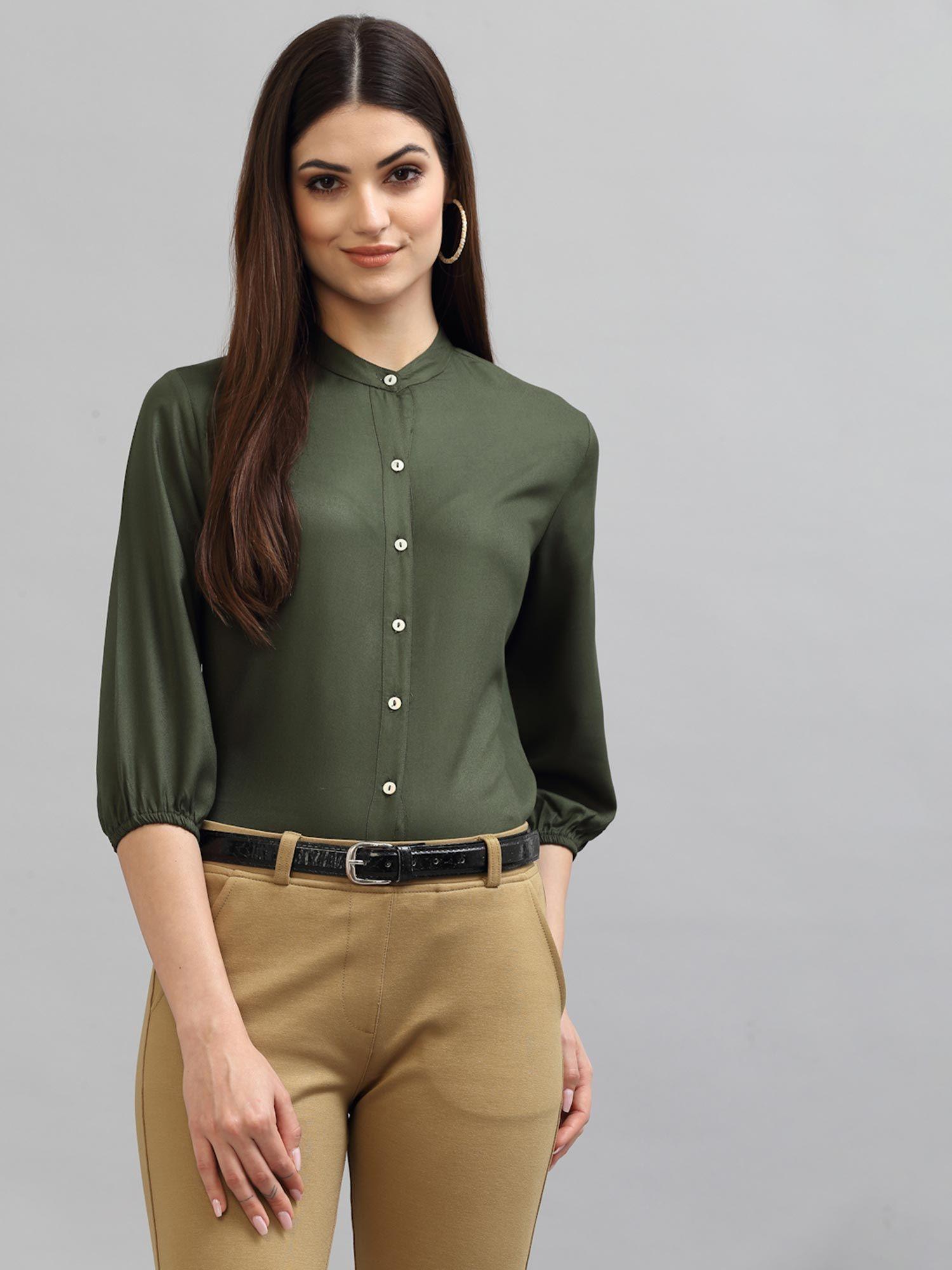 women solid olive viscose rayon formal shirt