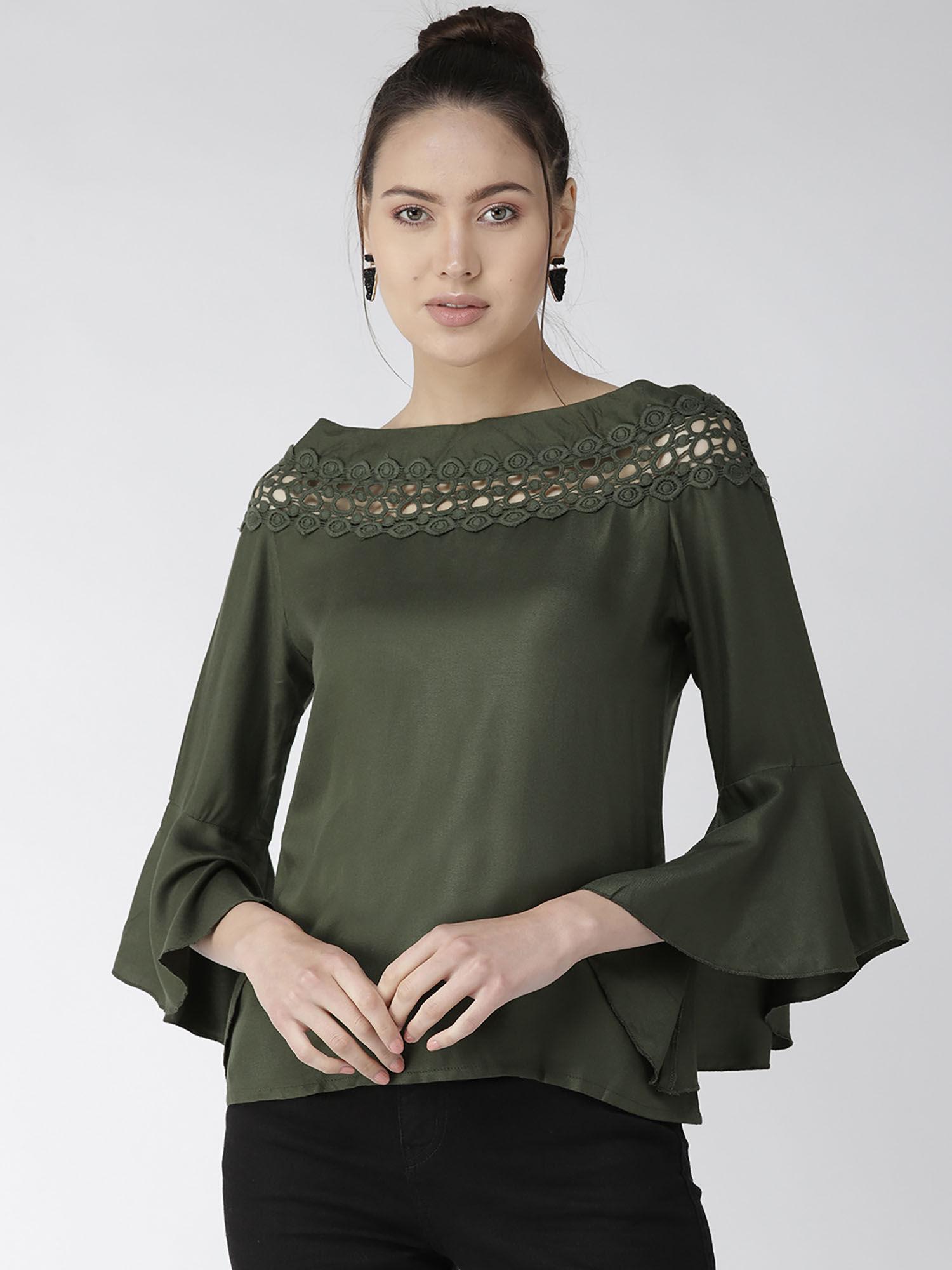 women solid olive viscose rayon smart casual top