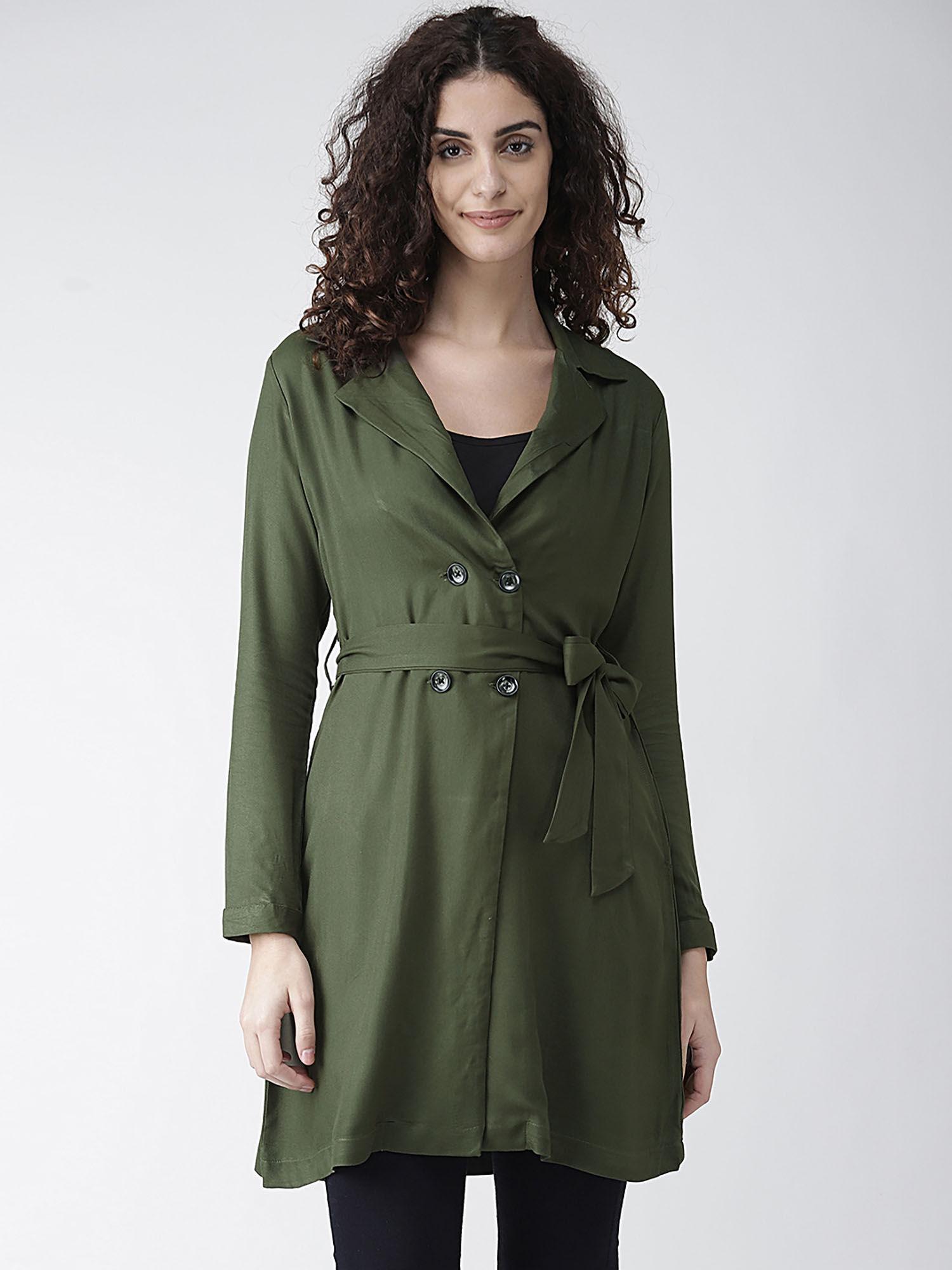 women solid olive viscose rayon smart casual trench coat