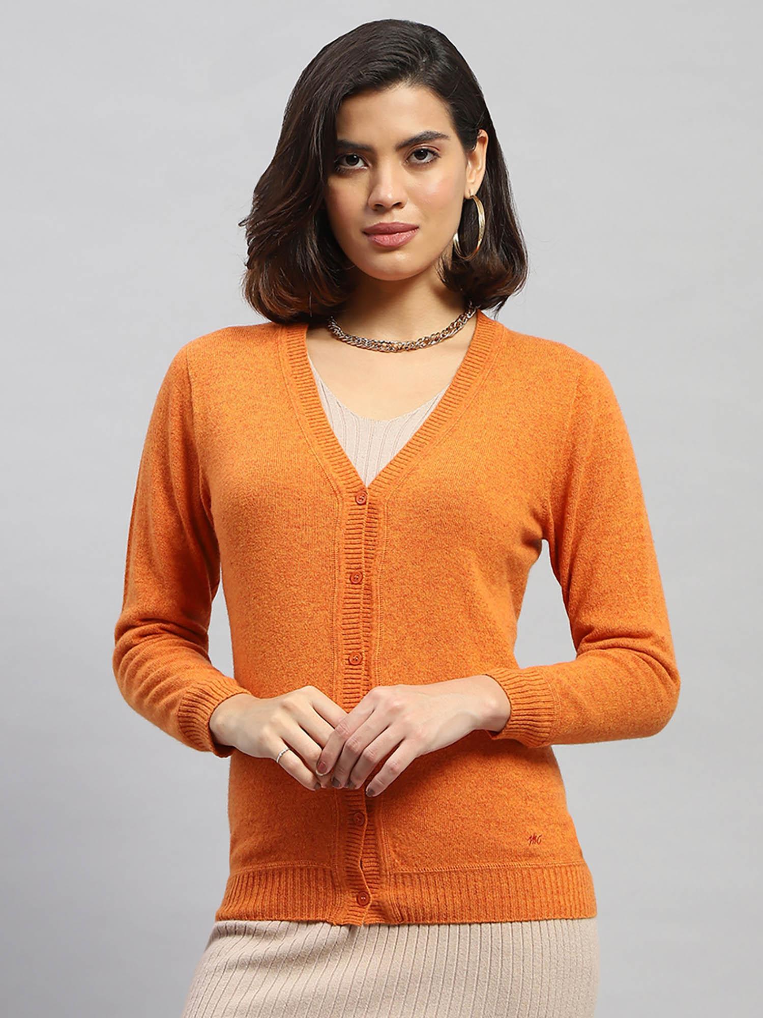 women solid orange full sleeves v-neck cardigan