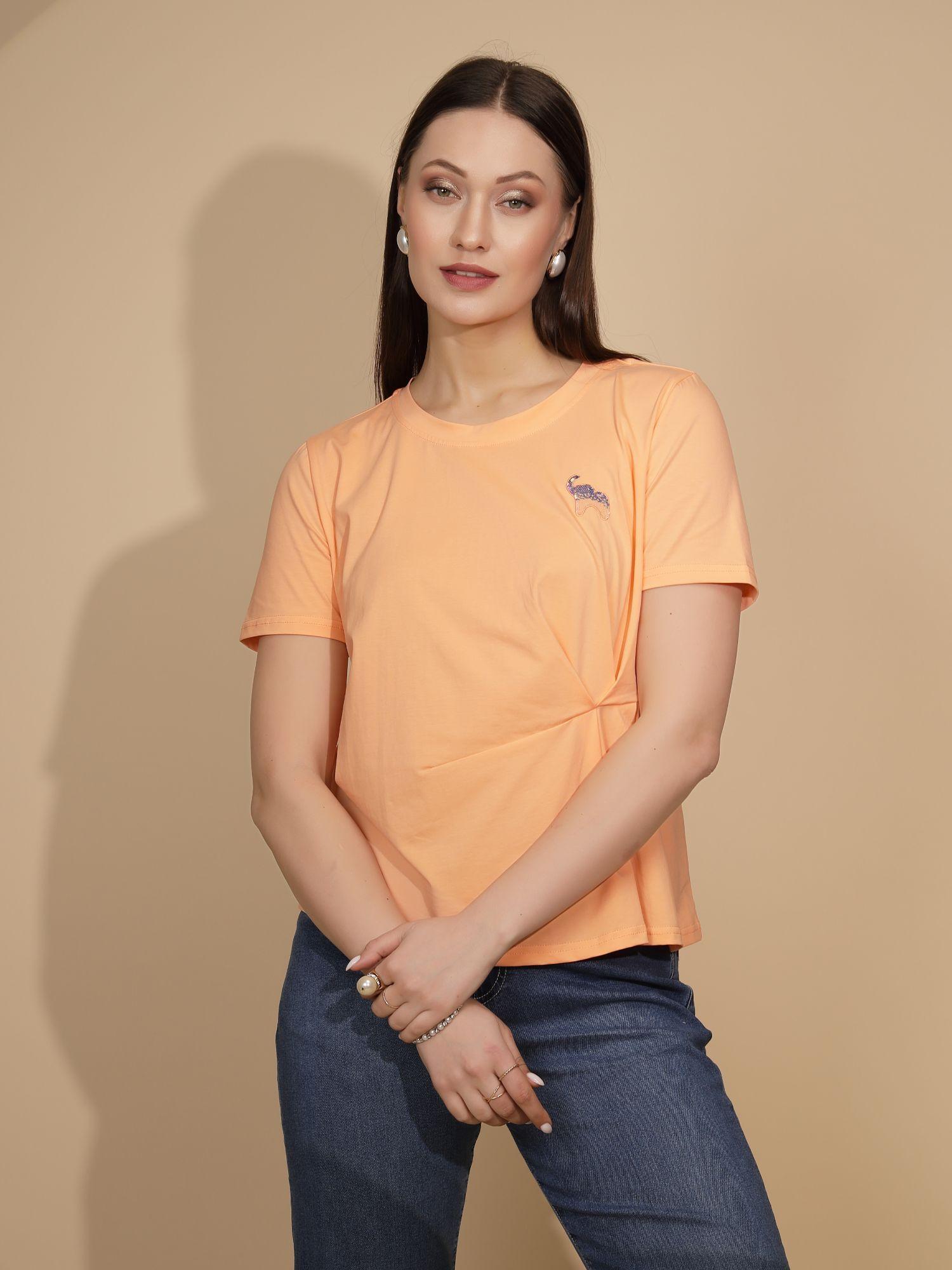 women solid orange half sleeves round neck t-shirt