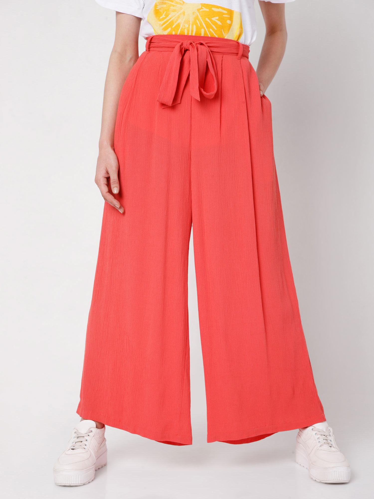 women solid orange wide leg pants