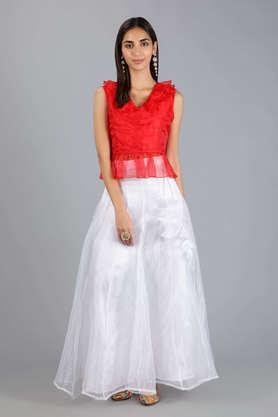 women solid organza flared maxi lehenga skirt with top - white