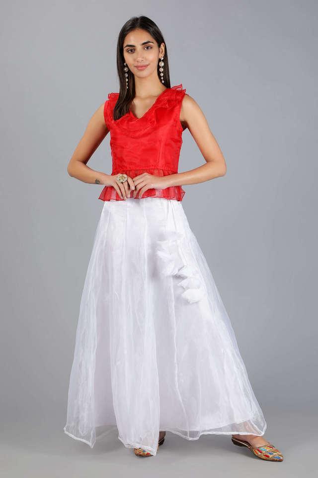 women solid organza flared maxi lehenga skirt with top