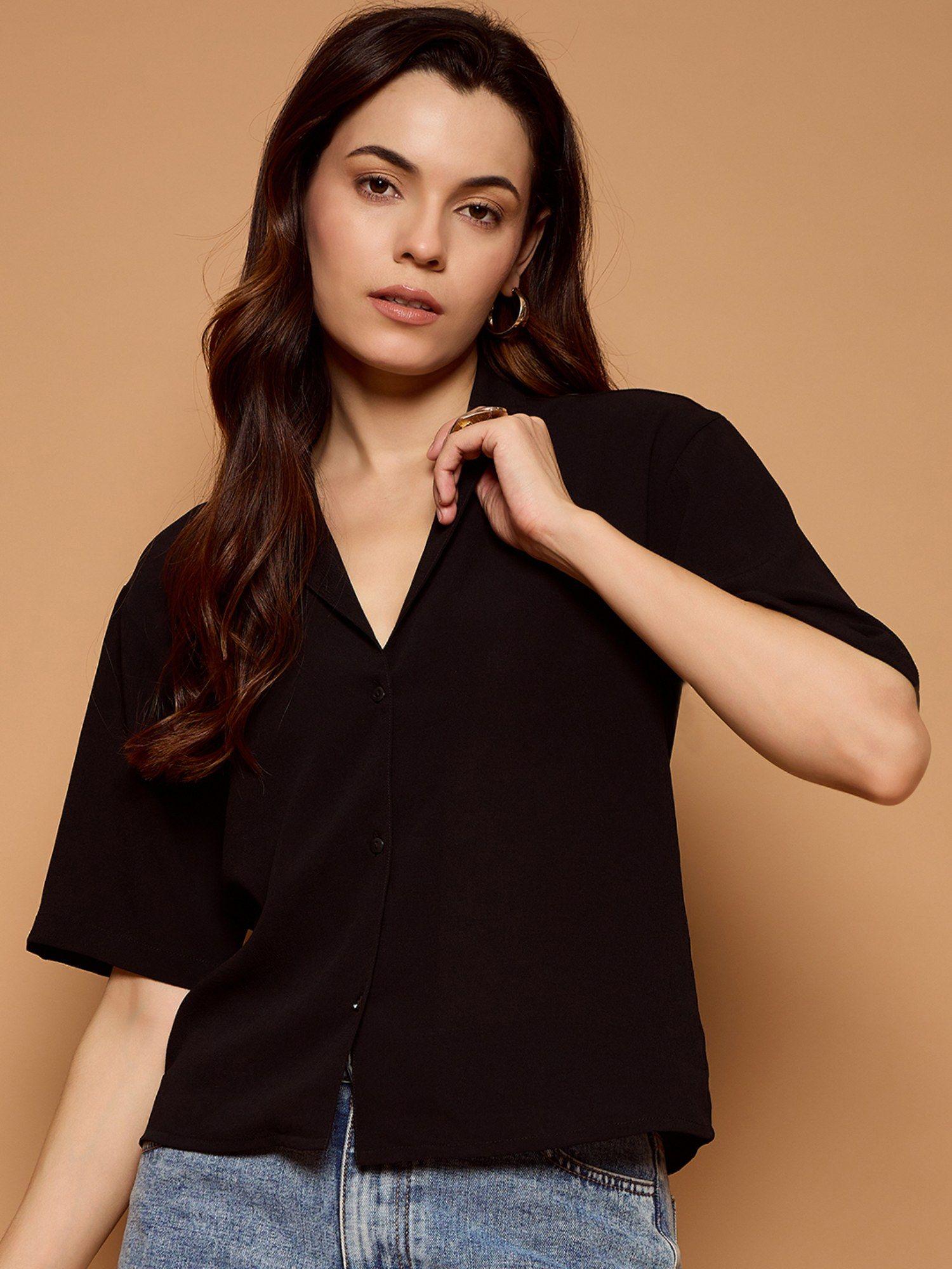 women solid oversized black casual shirt